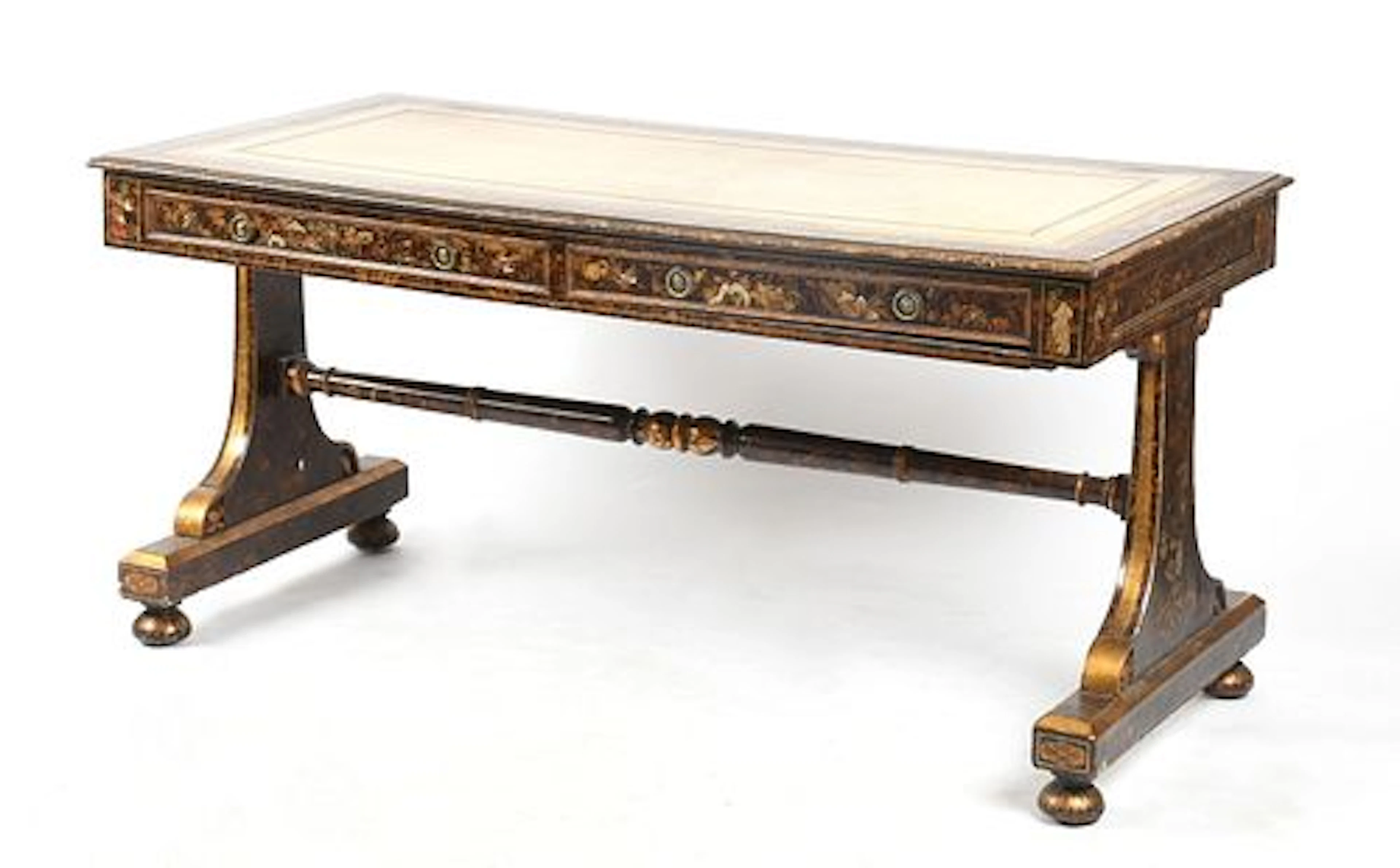 A William IV Parcel-Gilt, Japanned and Leather-Lined Library Table