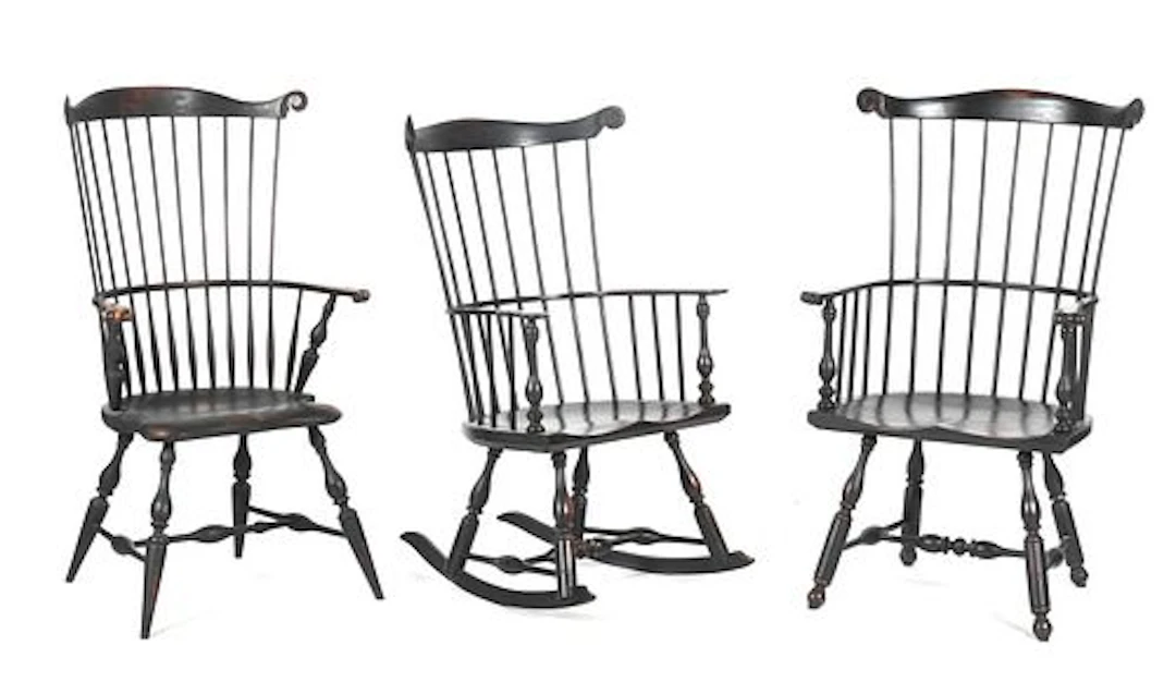 Two Reproduction Ebonized Windsor Armchairs and a Rocking Chair, Wayne