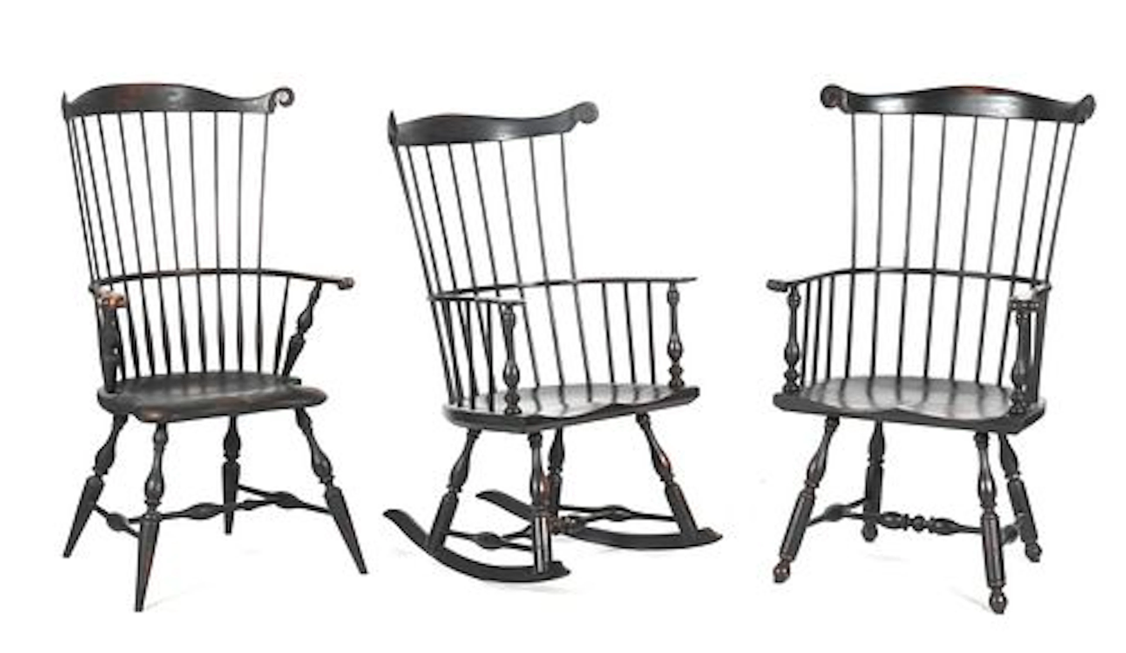 Two Reproduction Ebonized Windsor Armchairs and a Rocking Chair, Wayne