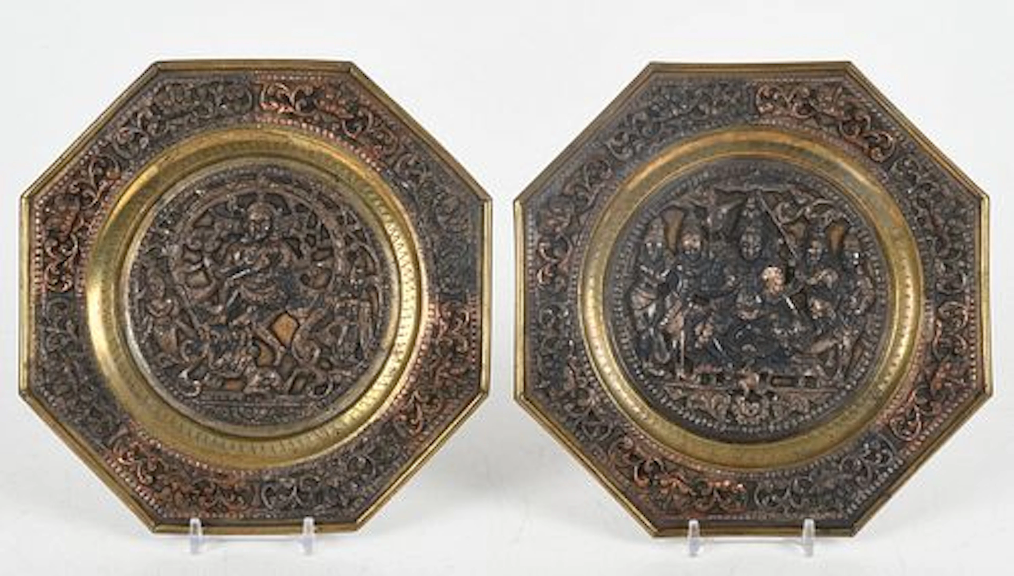 A Pair of Tibetan Brass and Copper Plaques