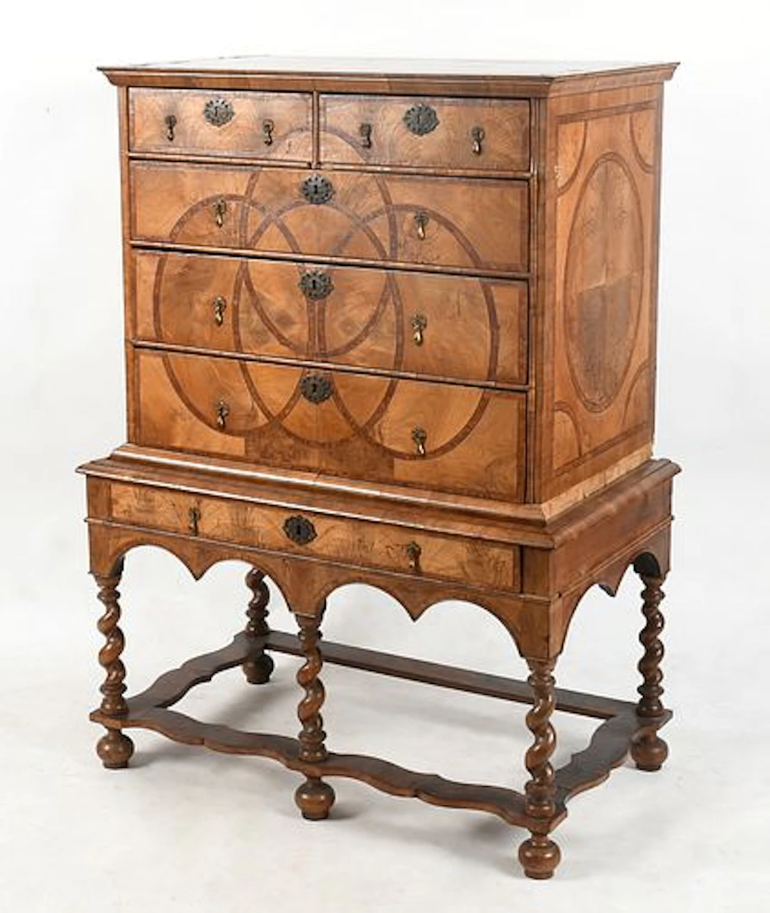 A William and Mary Inlaid Walnut Chest on Stand, 18th Century