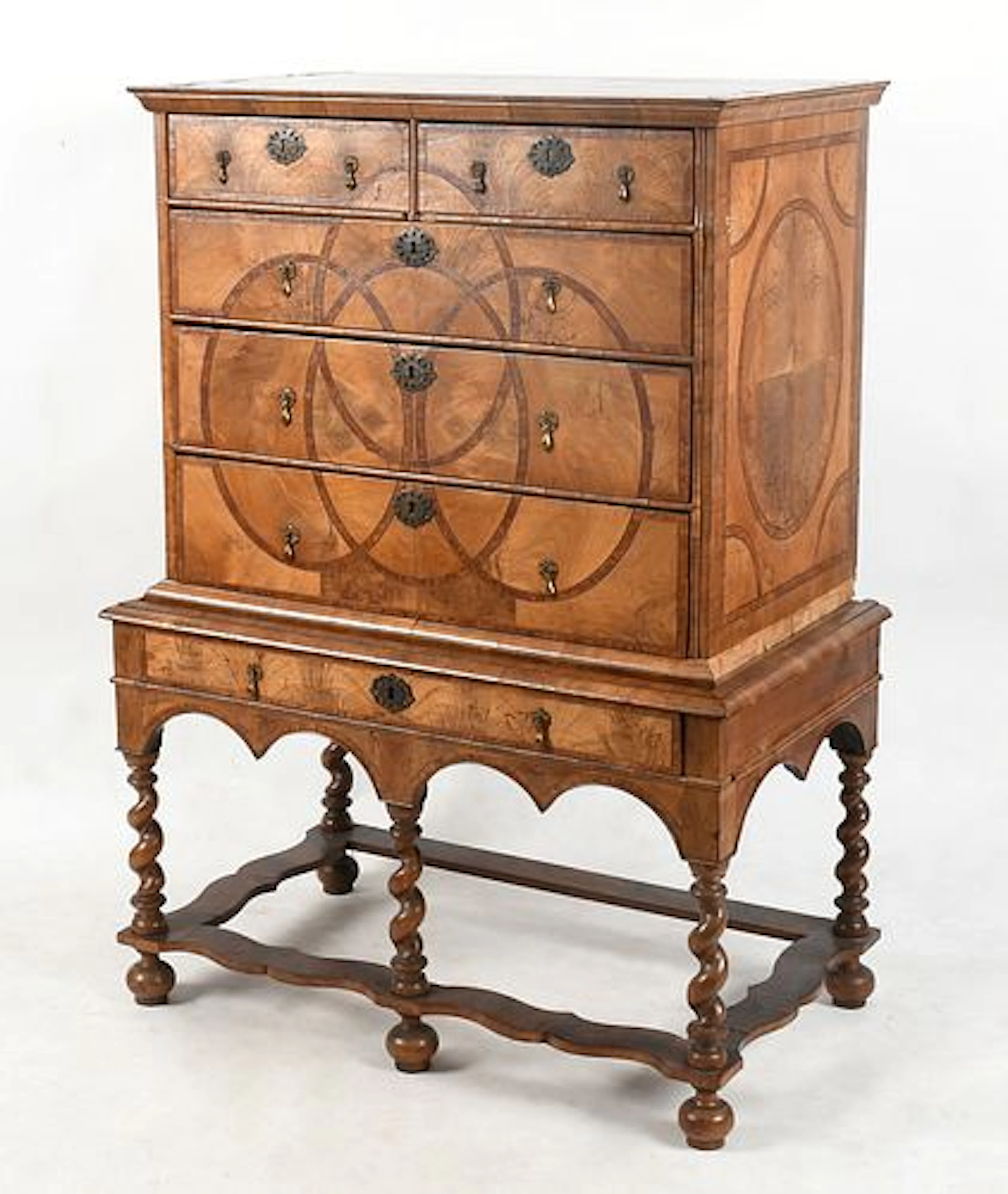 A William and Mary Inlaid Walnut Chest on Stand, 18th Century