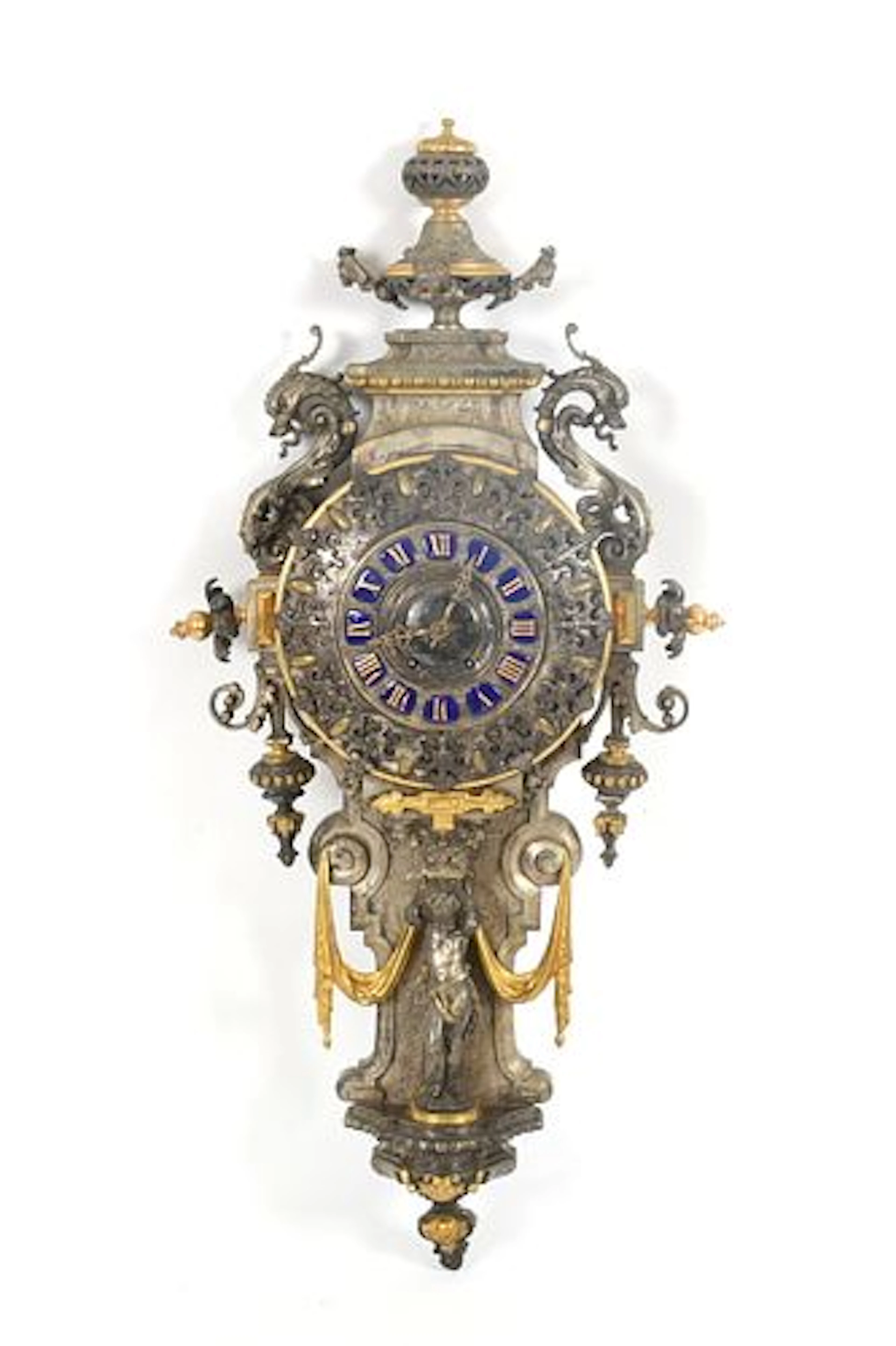 A Large French Parcel Gilt and Silvered Bronze Cartel Clock