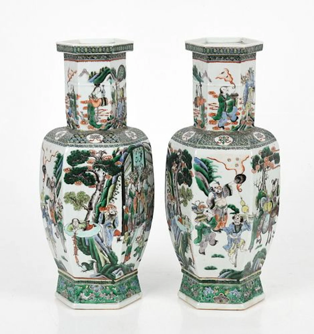 A Pair of Chinese Famille Verte Hexagonal Vases, 19th Century