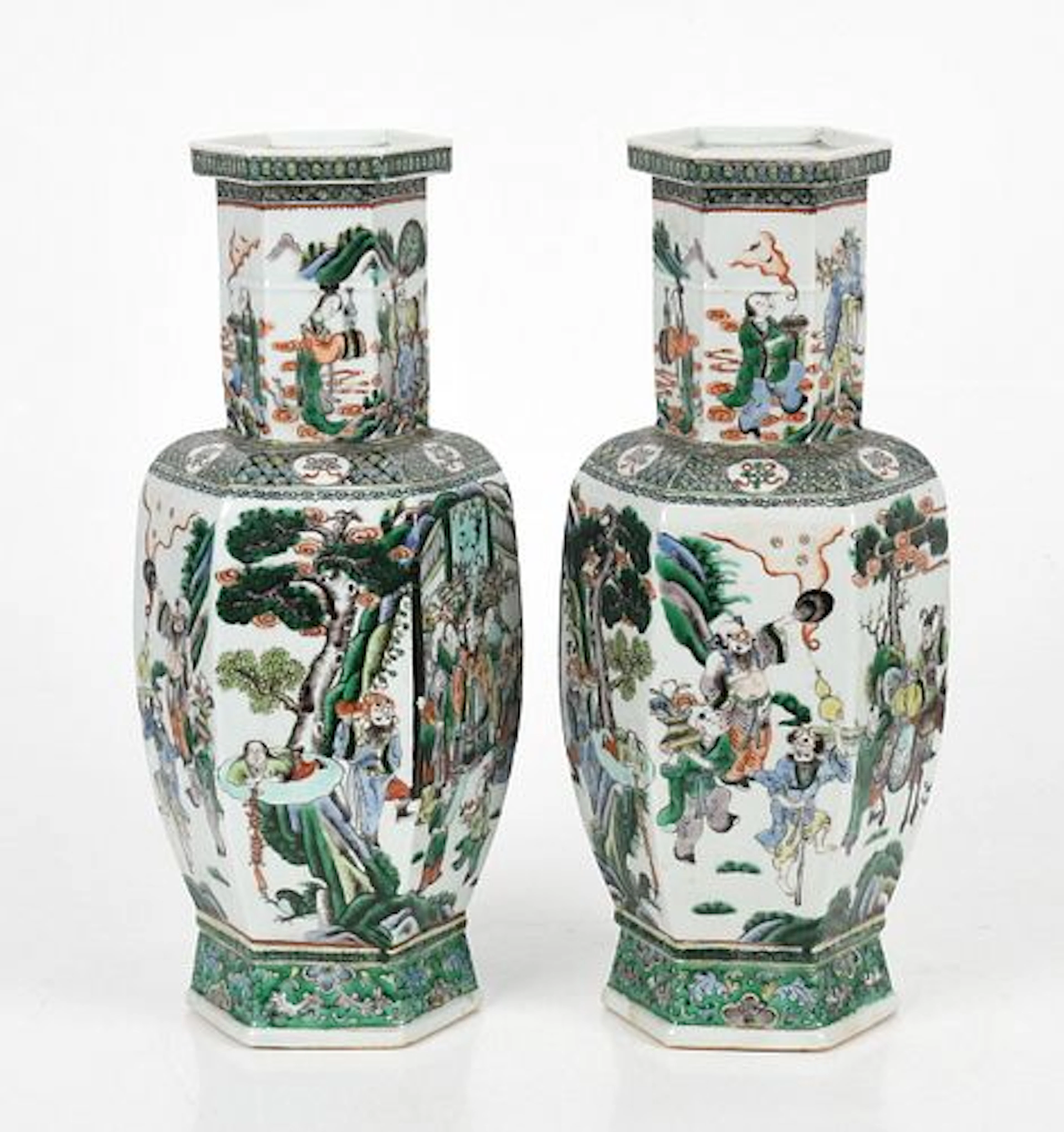 A Pair of Chinese Famille Verte Hexagonal Vases, 19th Century