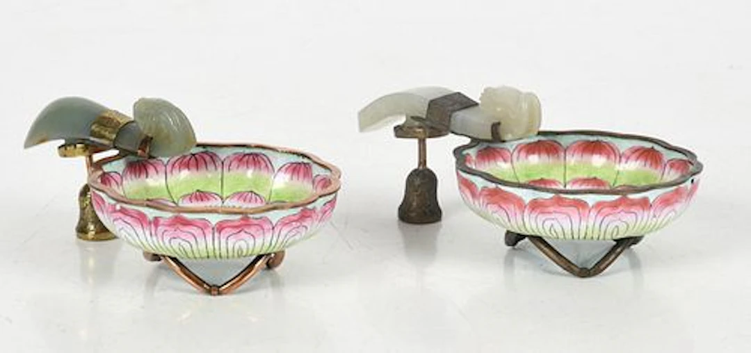 Two Similar Chinese Jade Belt Hooks and and Cloisonne Bowls, Late