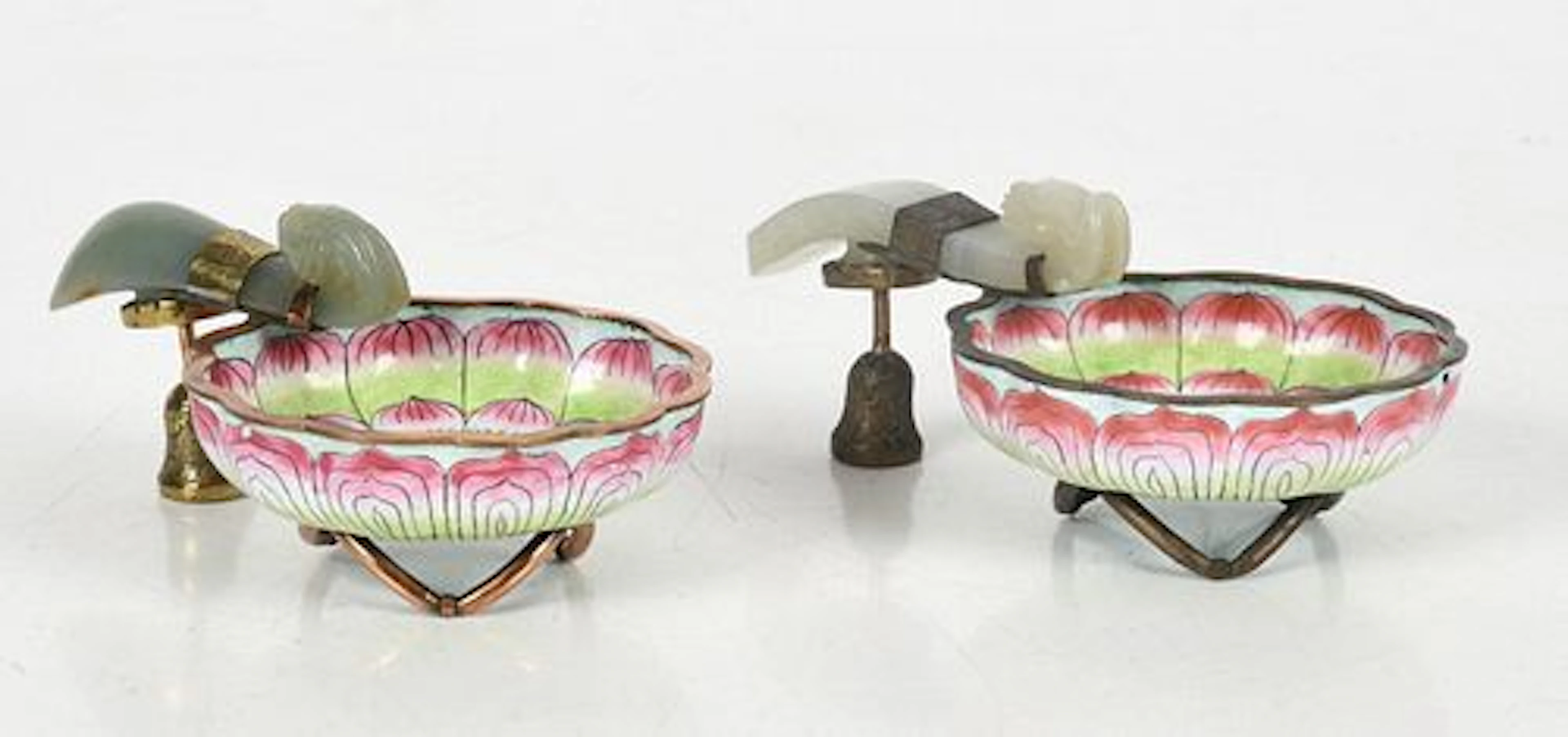 Two Similar Chinese Jade Belt Hooks and and Cloisonne Bowls, Late