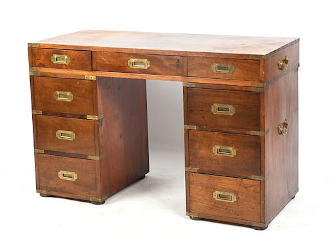 An English Brass-Bound Mahogany Campaign-Style Pedestal Desk, Late 19th Century