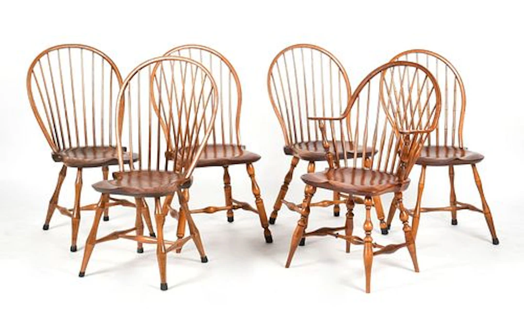 An Assembled Set of Six Mixed Woods Windsor Dining Chairs, D.R. Dimes