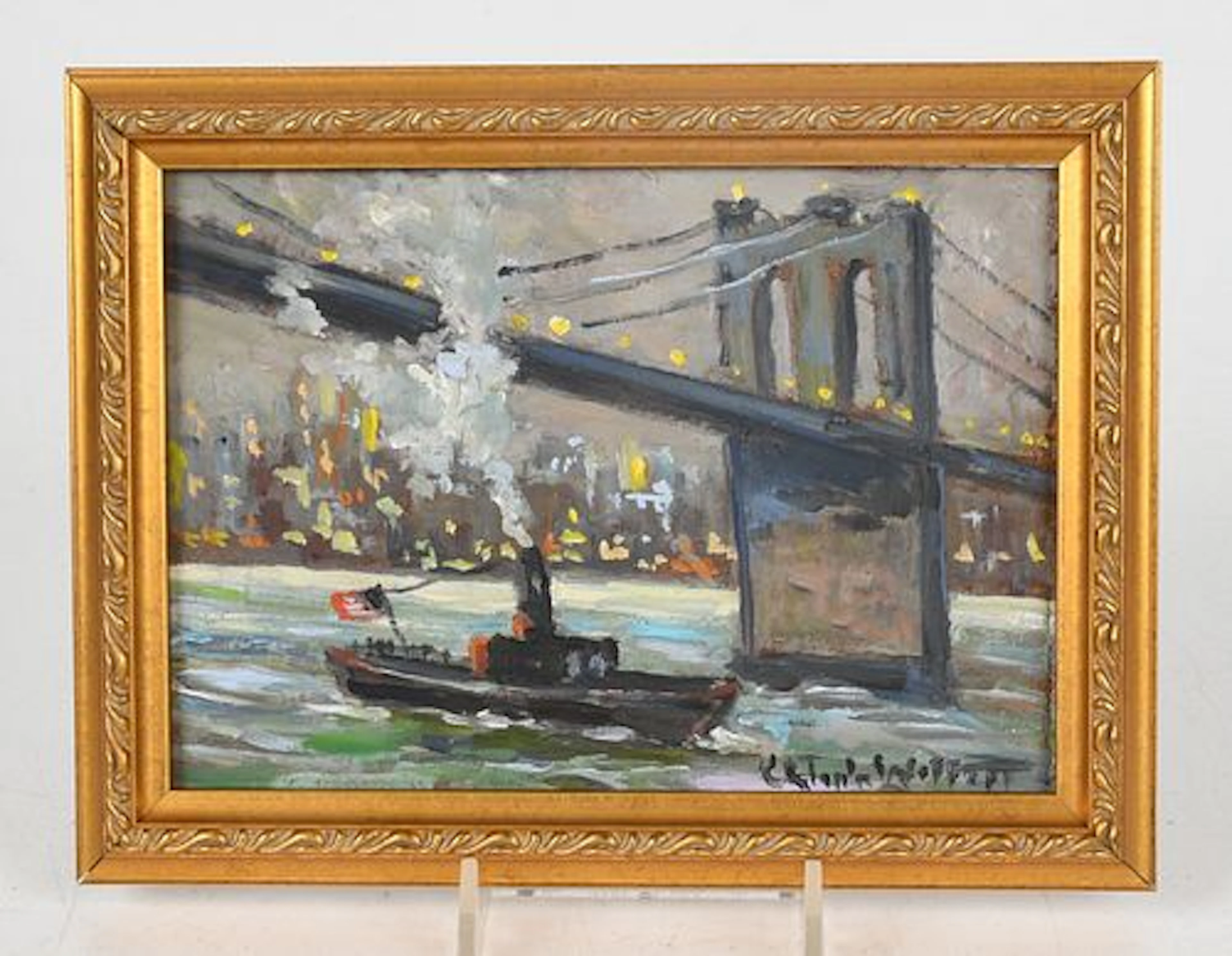 Christopher G. Willett (b. 1959), "Brooklyn Bridge N-Tug on the Hudson