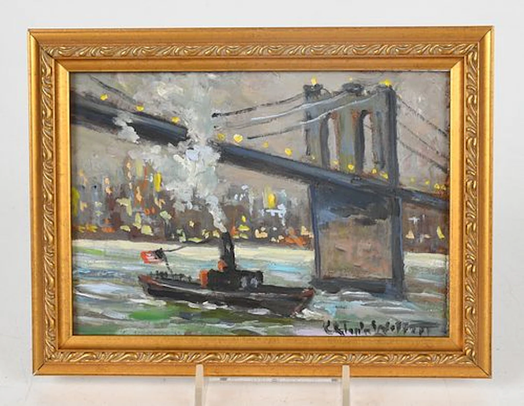 Christopher G. Willett (b. 1959), "Brooklyn Bridge N-Tug on the Hudson