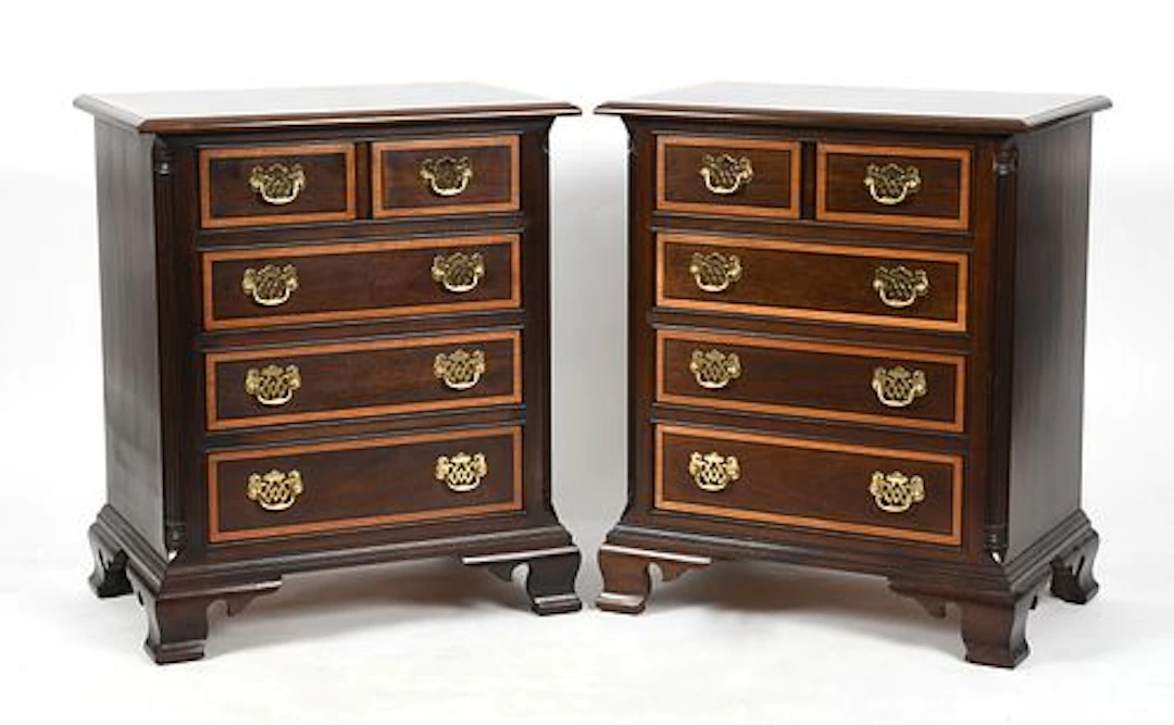 A Pair of L. & J.G. Stickley Cross-Banded Mahogany Bachelor Chests