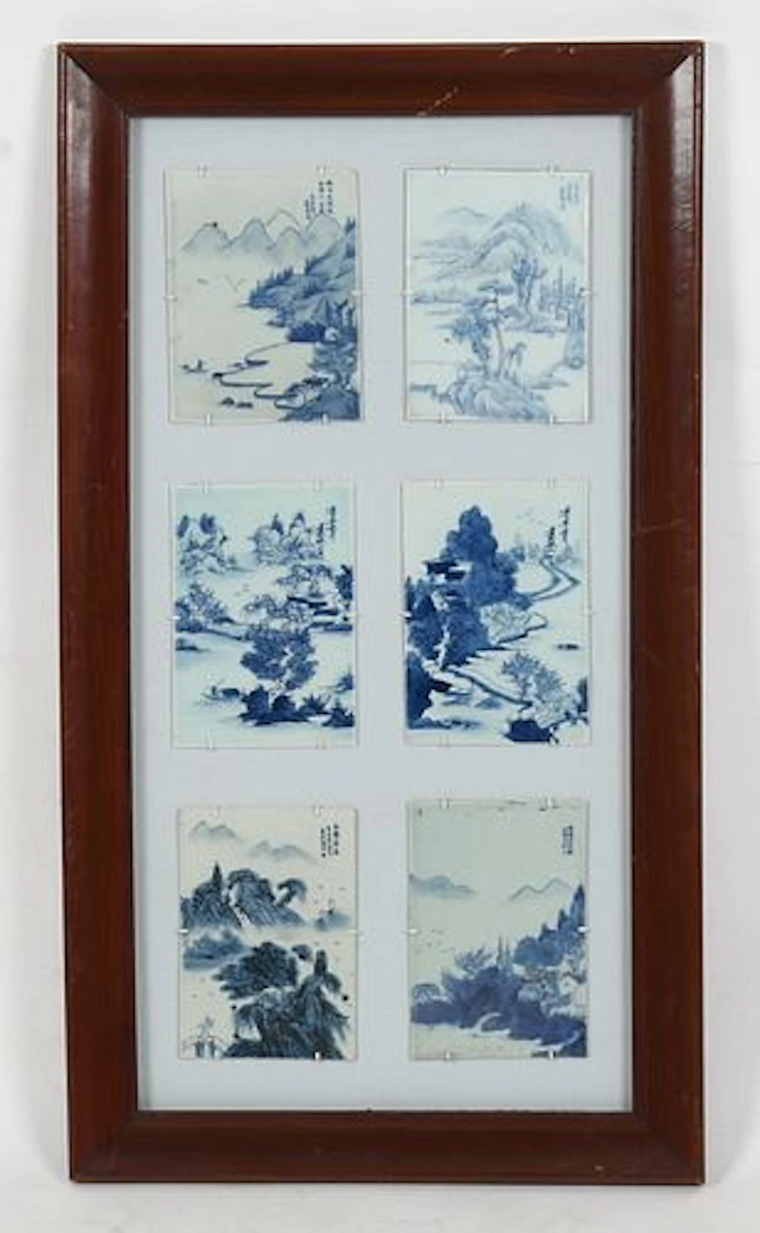 Six Framed Chinese Blue and White Porcelain Plaques, Third Quarter 20th Century