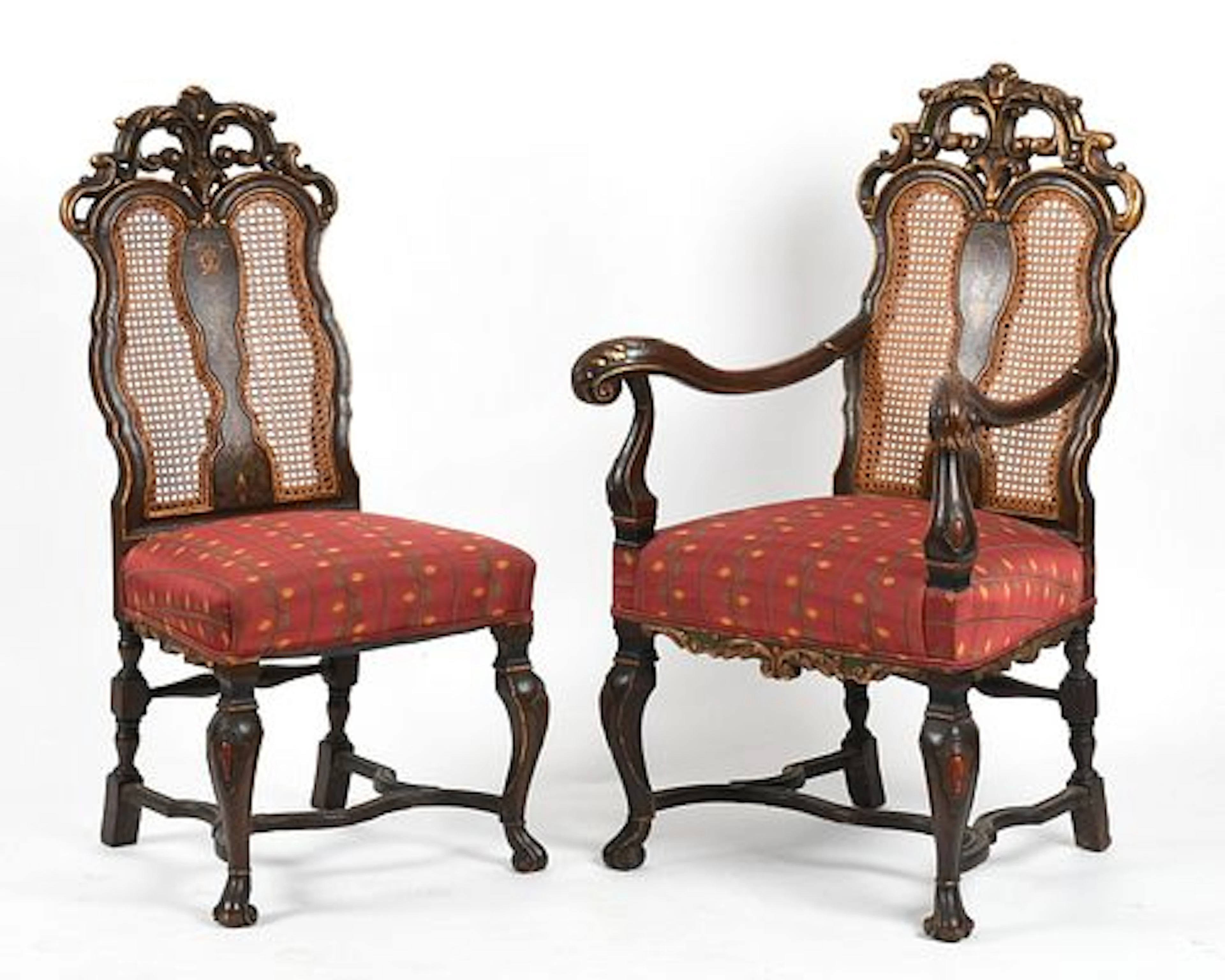 An Italian Parcel-Gilt Chestnut Armchair and Side Chair, Early 20th Century