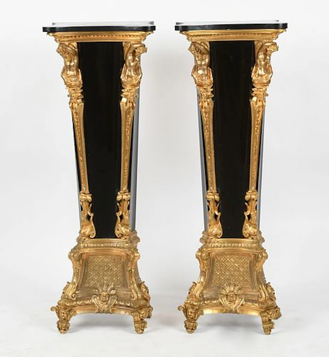 A Pair of Louis XIV-Style Ormolu and Black Lacquered Pedestals, Late
