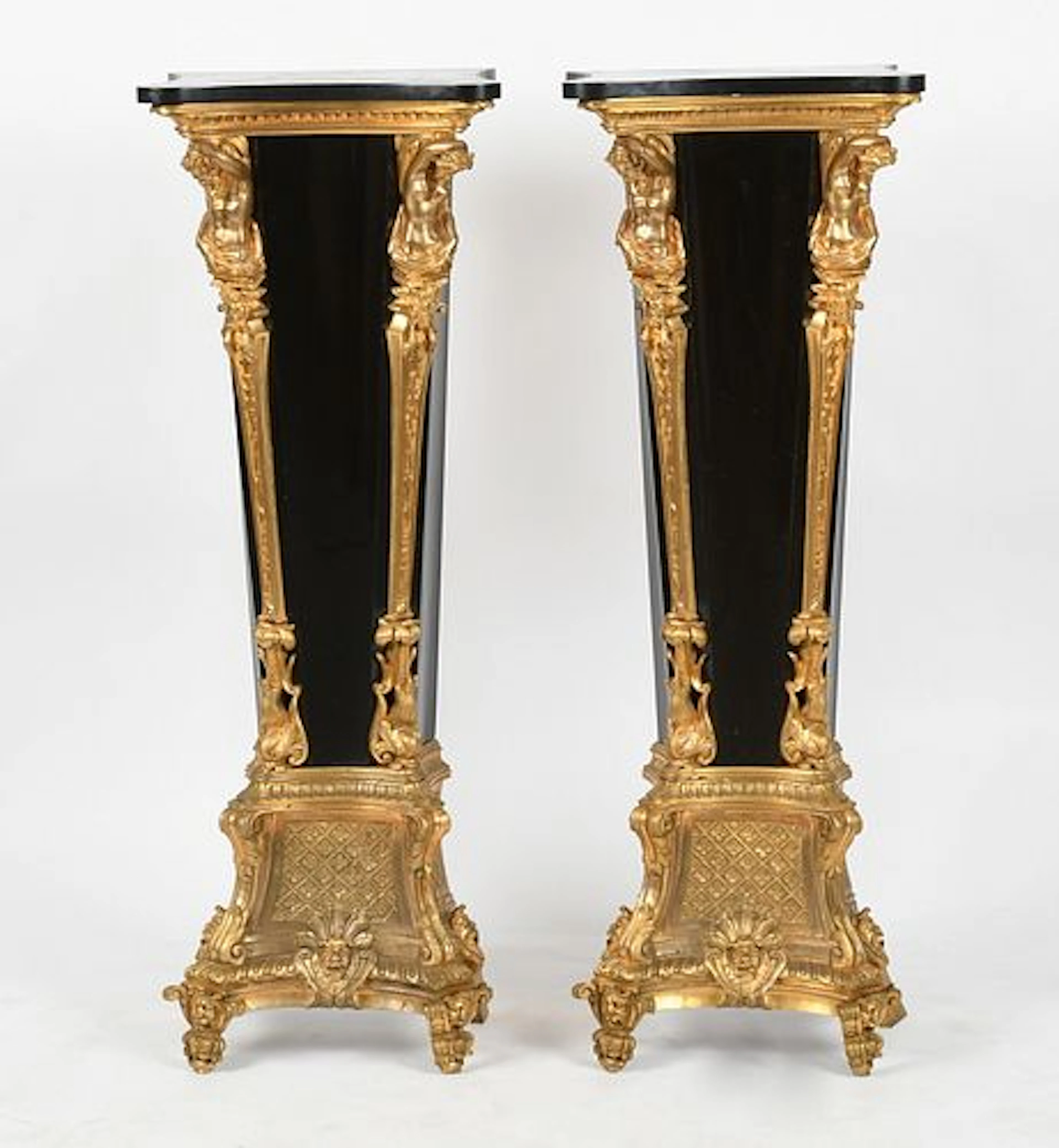 A Pair of Louis XIV-Style Ormolu and Black Lacquered Pedestals, Late