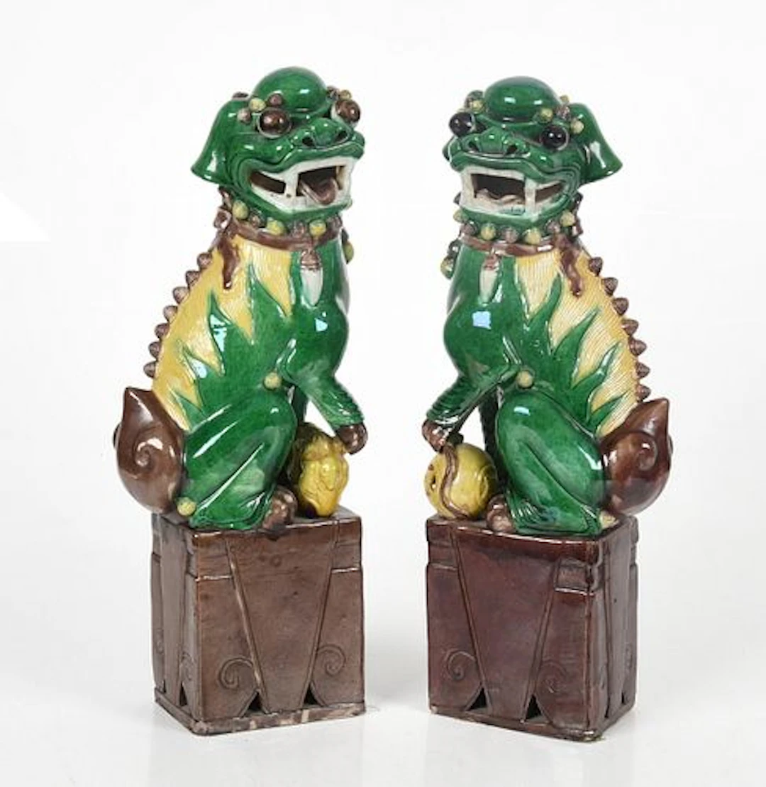 A Pair of Chinese Polychrome-Glazed Porcelain Foo Dogs, 20th Century