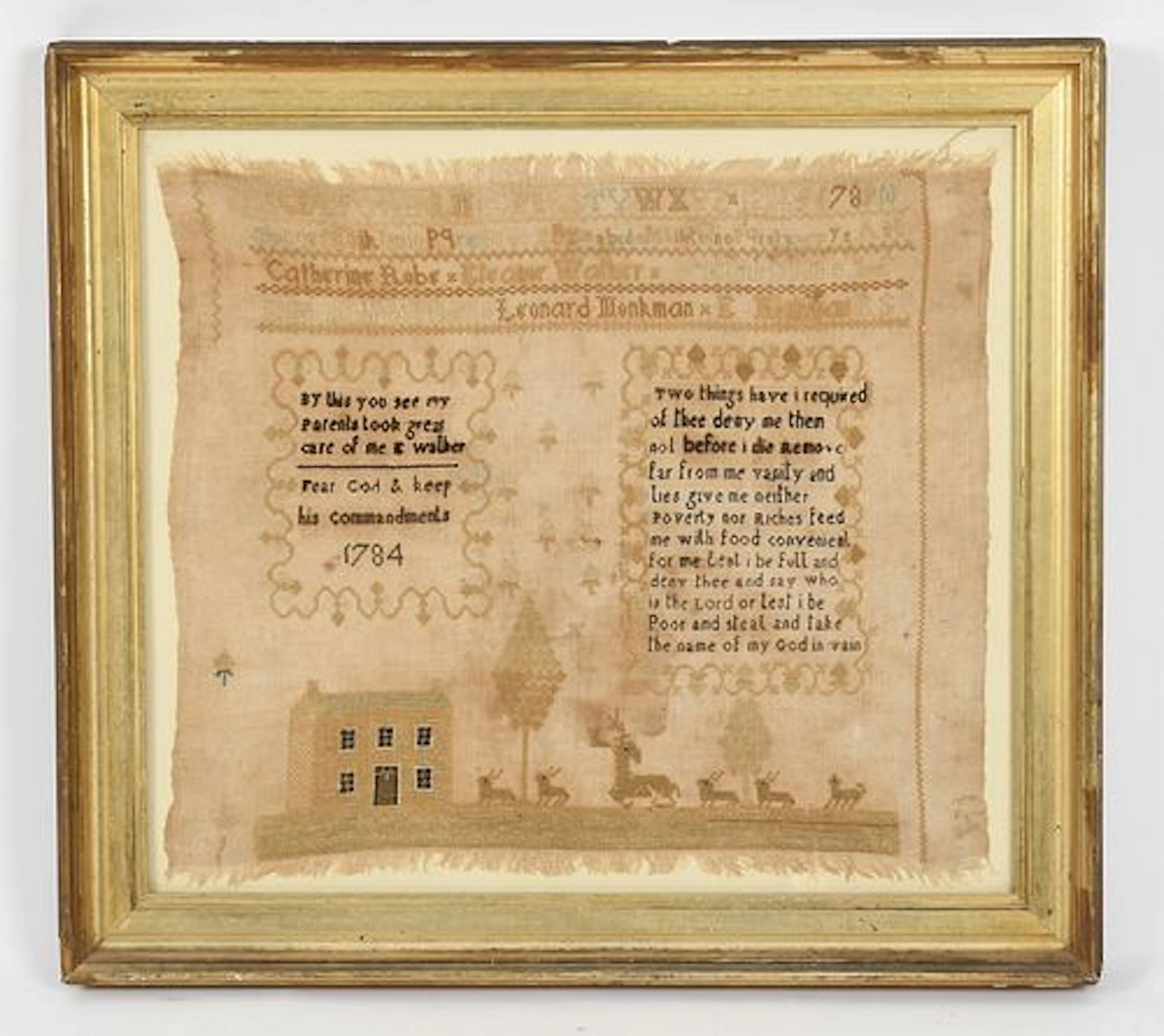 A Silk on Linen Pictorial Needlework Sampler, English or American, Dated "1784"