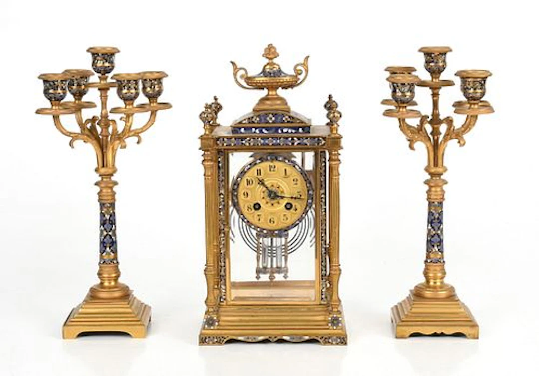 Three Piece Champleve Clock Garniture Set
