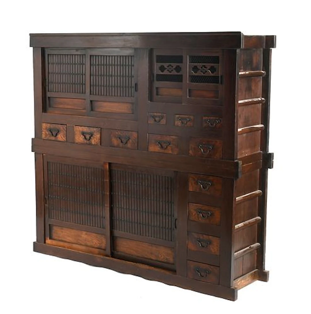 A Japanese Meiji-Period Two-Part Cypress, Elm and Cedar Tansu Cabinet, c. 1890