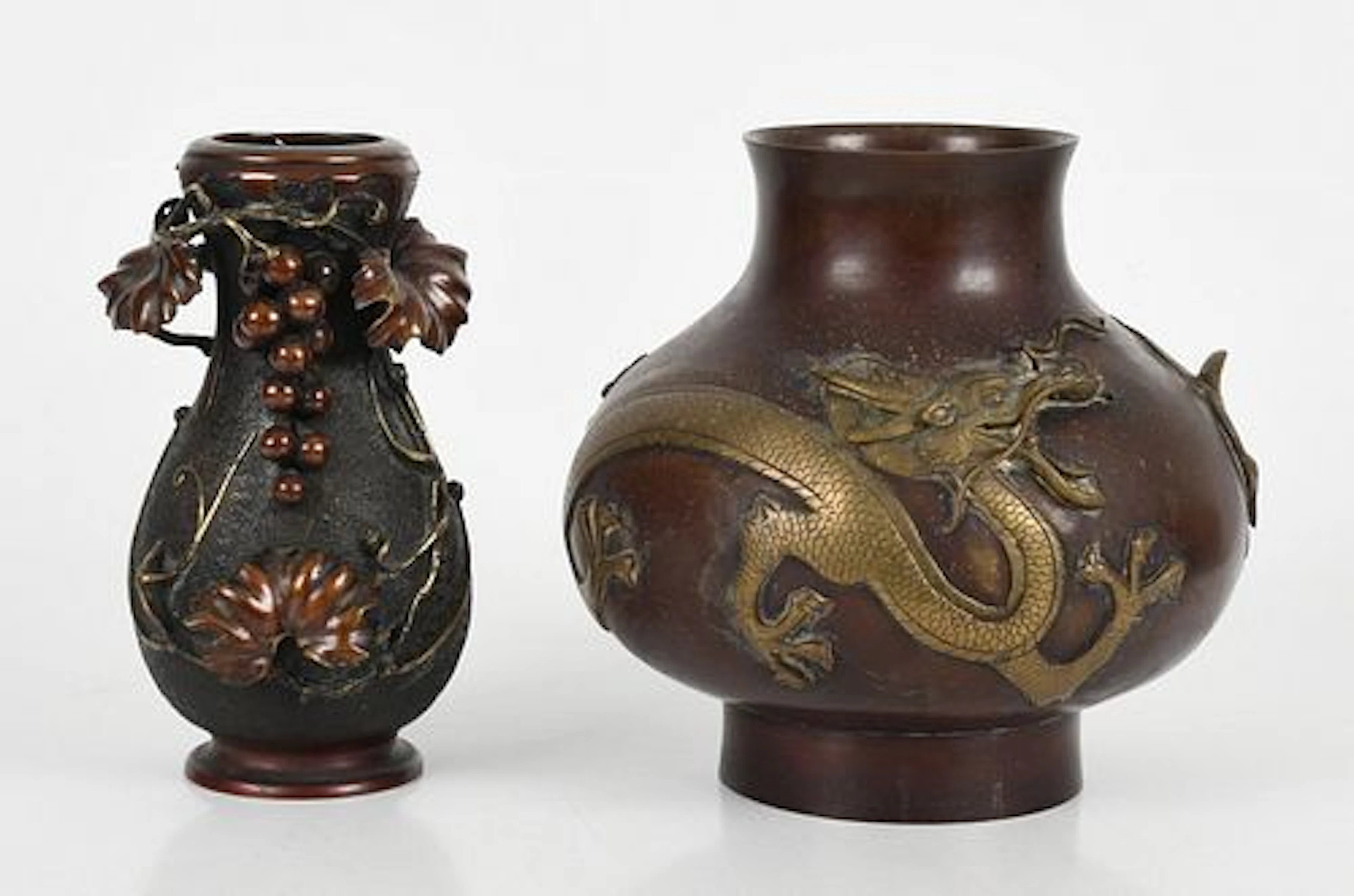 Two Japanese Meiji Period Patinated Bronze Vases