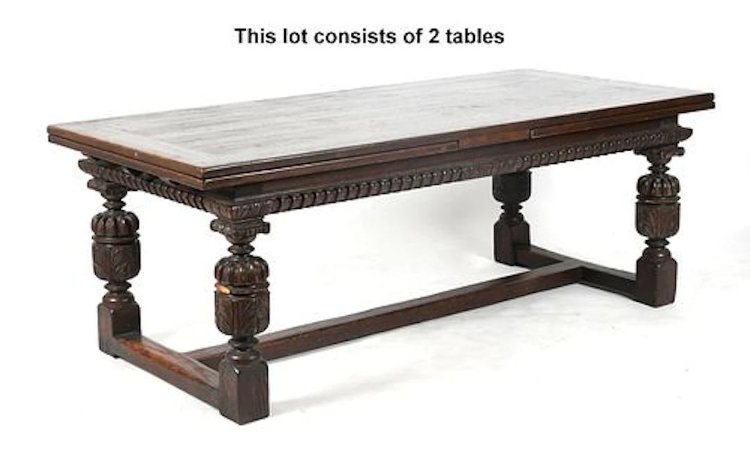 A Pair of Jacobean-Revival Carved Oak Extending Refectory Tables