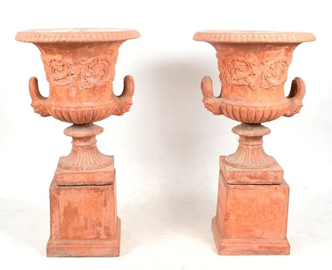 A Pair of Large Campagna-Form Garden Urns on Bases, 20th Century
