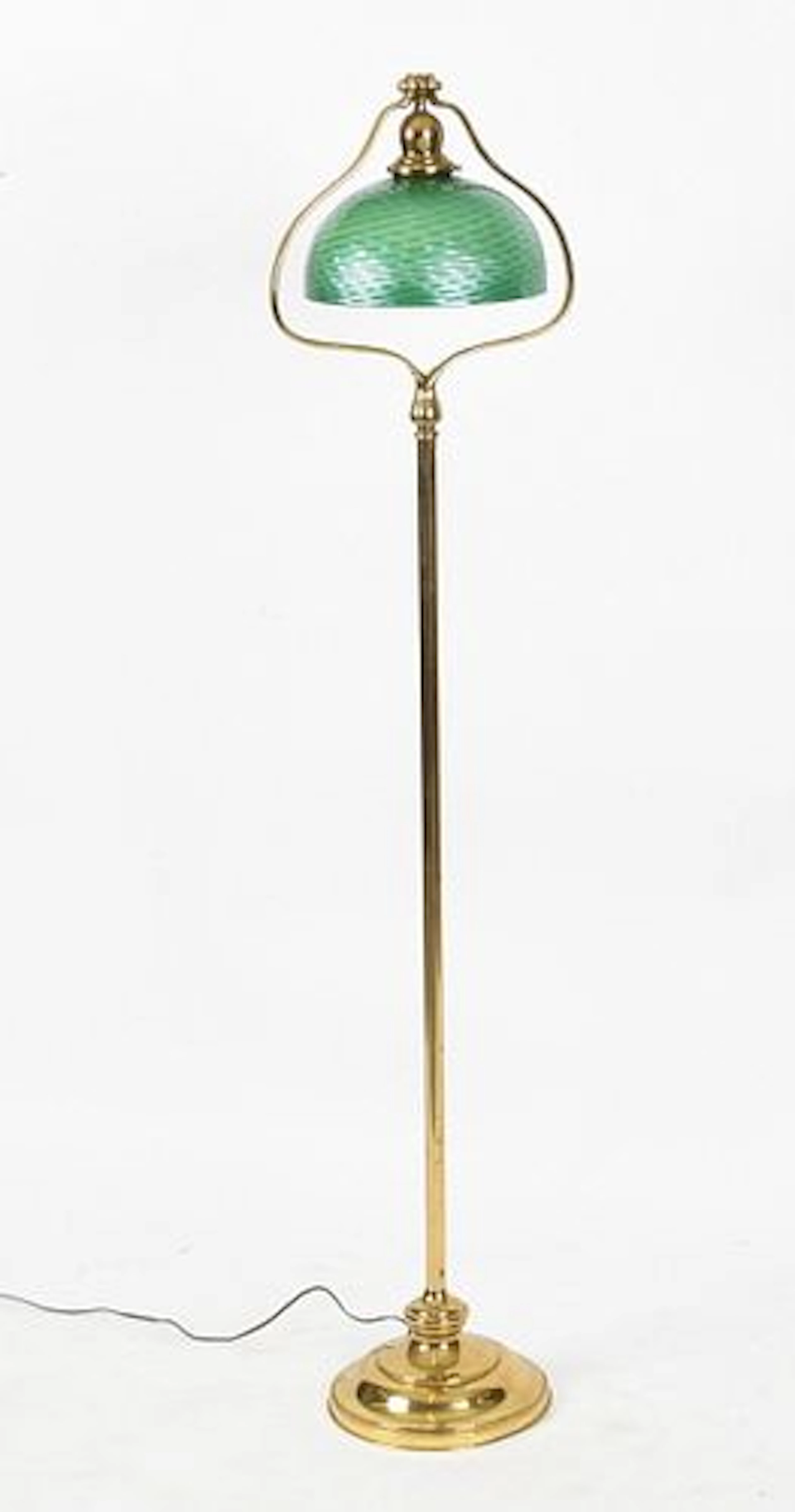 A Brass Harp Floor Lamp with Iridescent Green Glass Shade, 20th Century