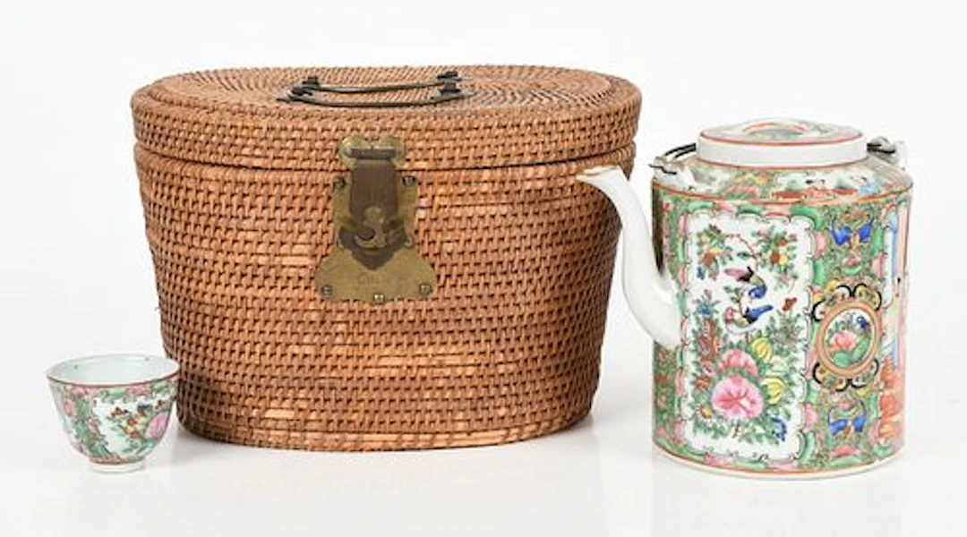 A Chinese Rose Medallion Porcelain Tea Set in Basket, Second Quarter