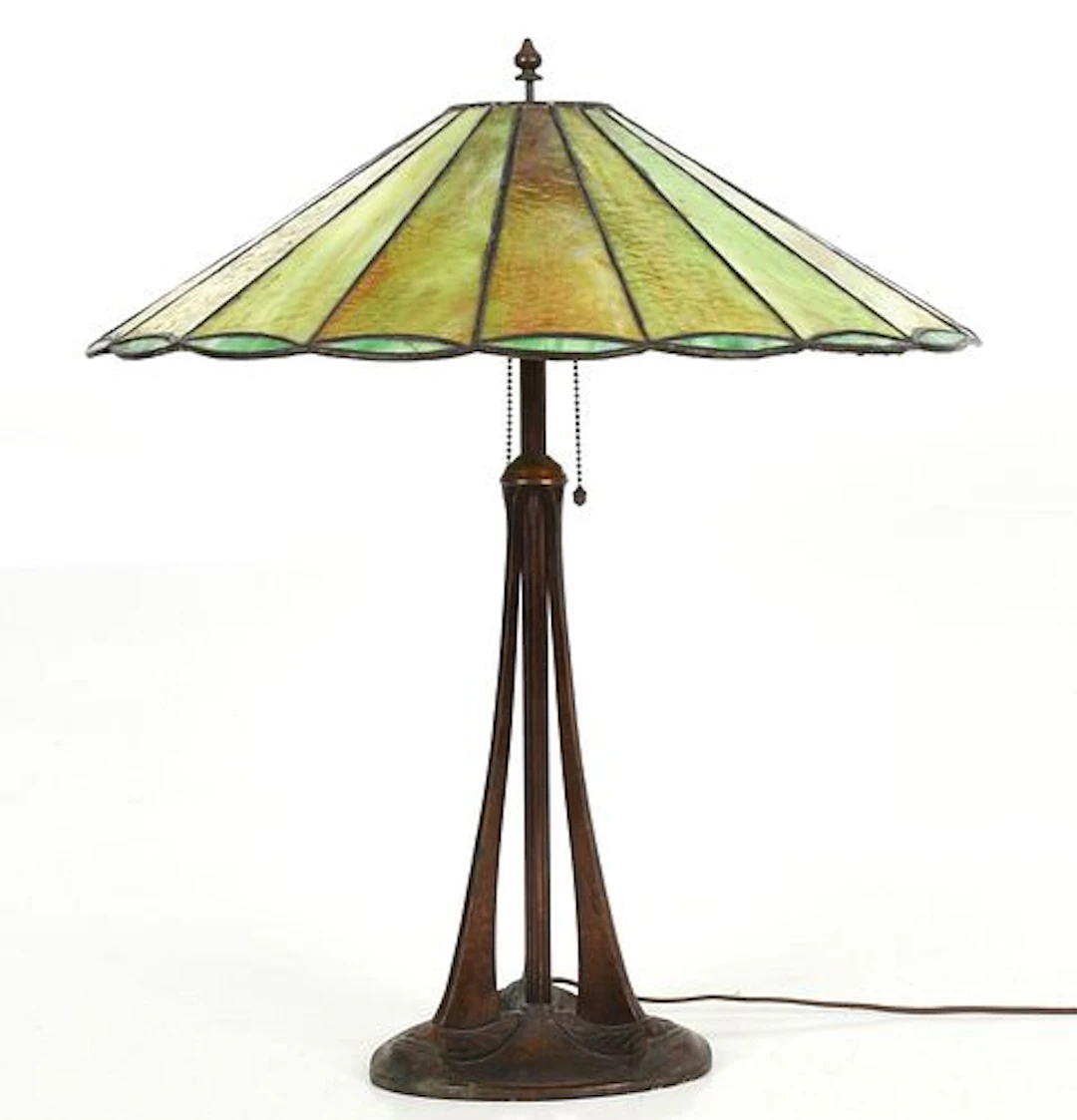 A Green Slag Glass and Patinated-Metal Table Lamp, Handel Company, c. 1900-1920