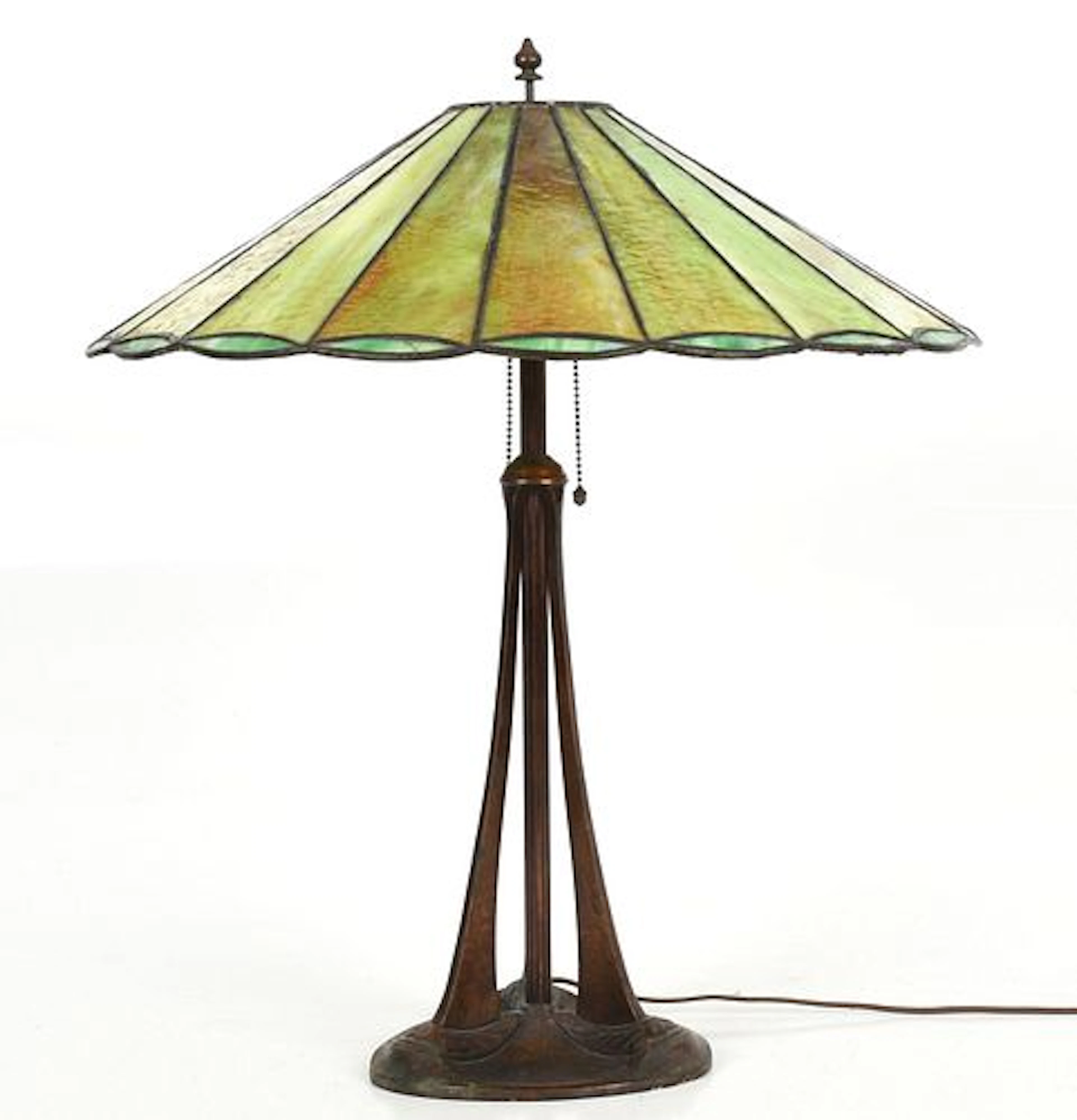 A Green Slag Glass and Patinated-Metal Table Lamp, Handel Company, c. 1900-1920