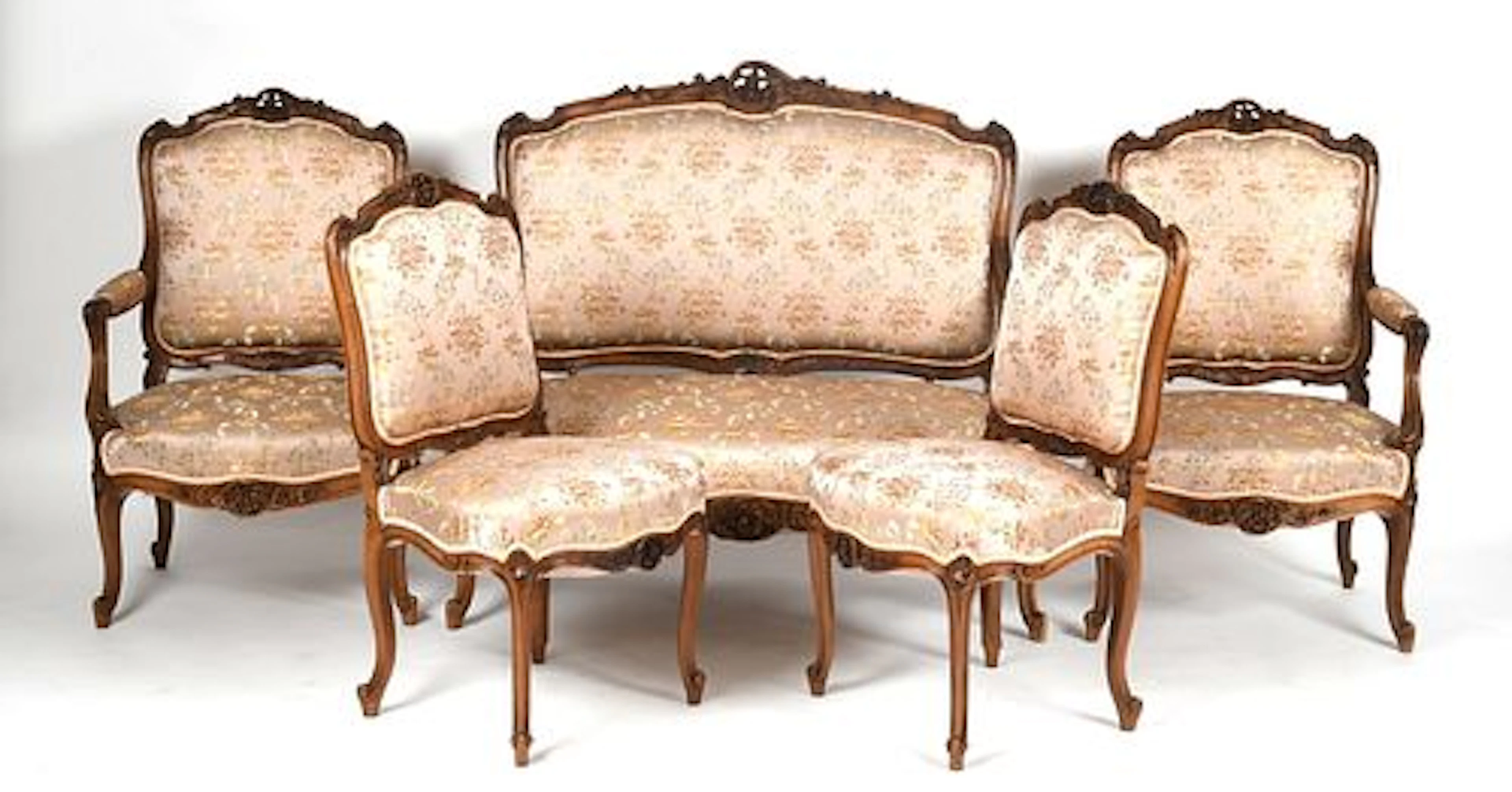 A Louis XV-Style Carved Fruitwood Five-Piece Salon Suite, 20th Century