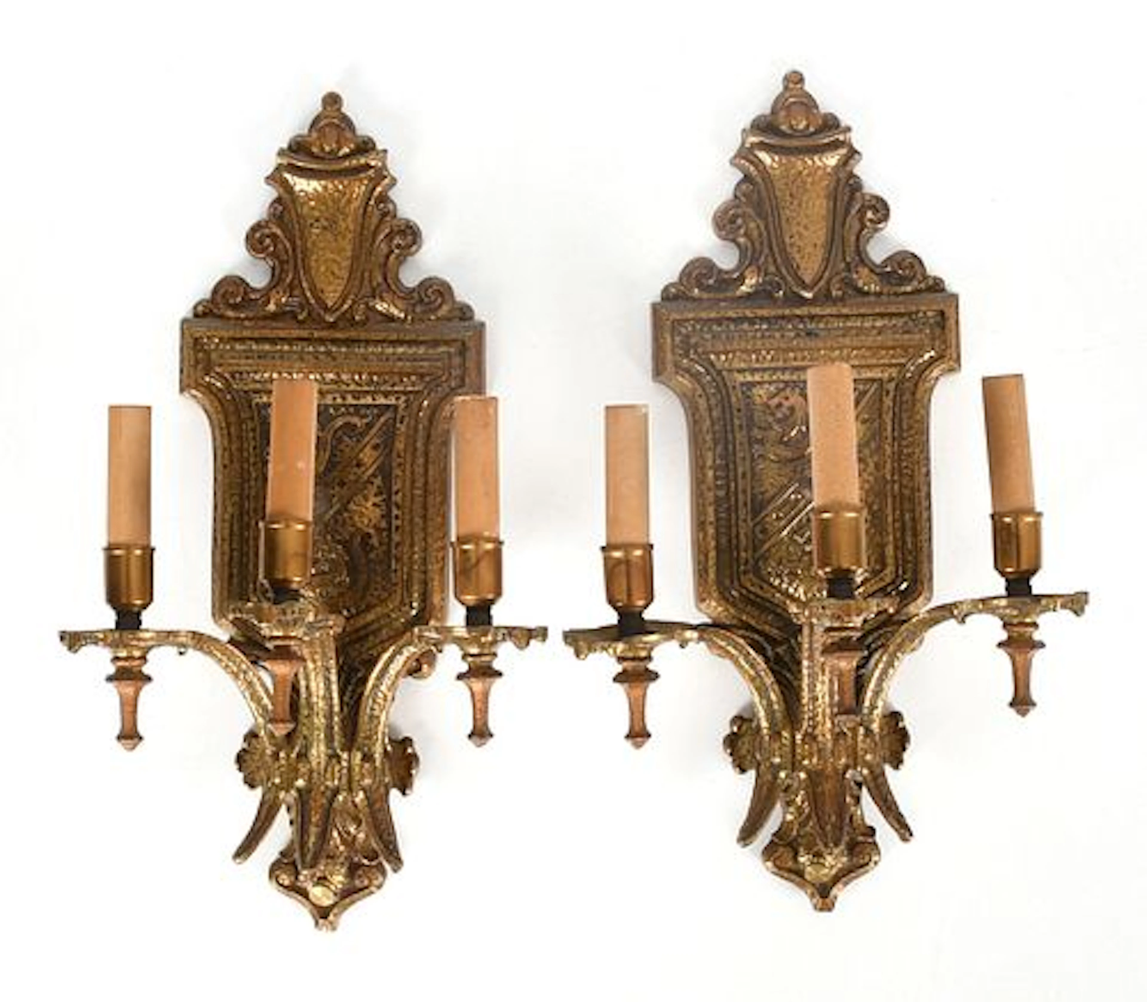 A Pair of Gilt Bronze Three-Light Wall Sconces, Late 20th Century