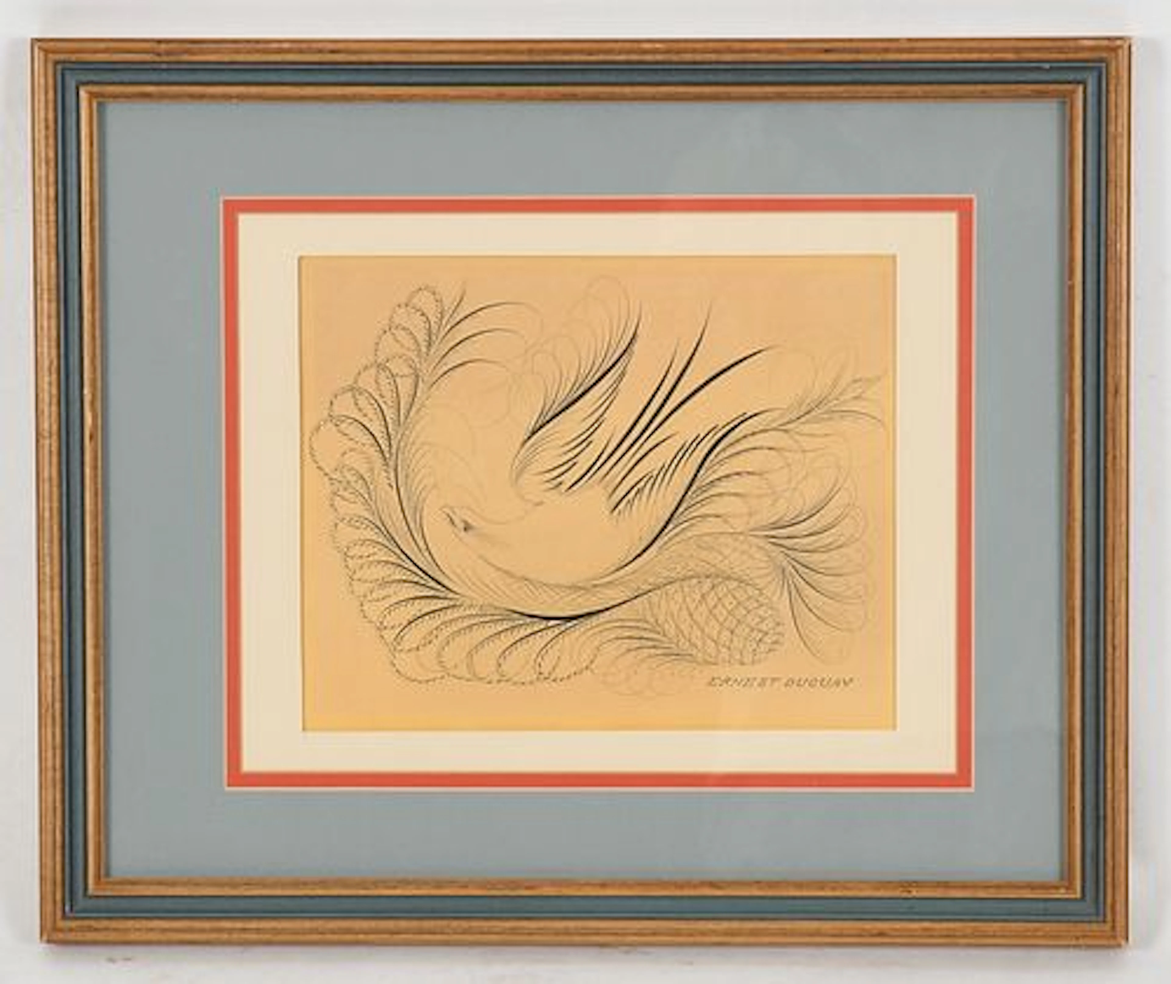 A Framed 19th Century Calligraphy Bird Flourish