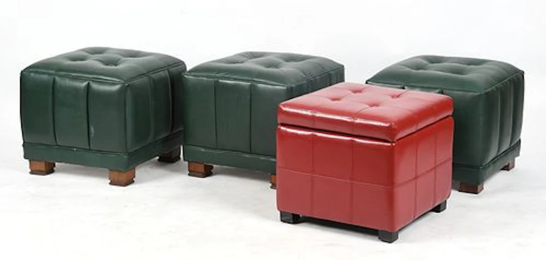 Four Button-Tufted Leather-Upholstered Ottomans, Late 20th Century