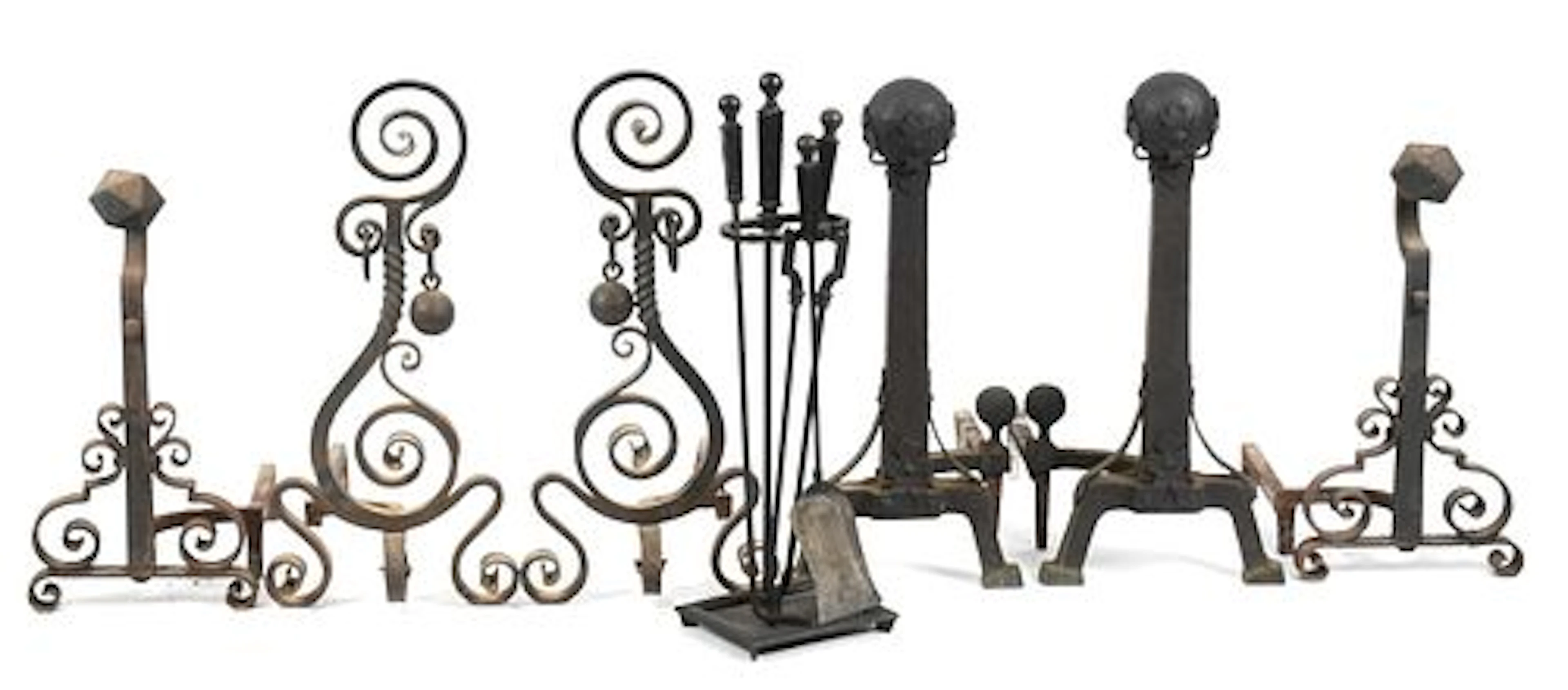 Three Pairs of Wrought-Iron Andirons, 20th Century