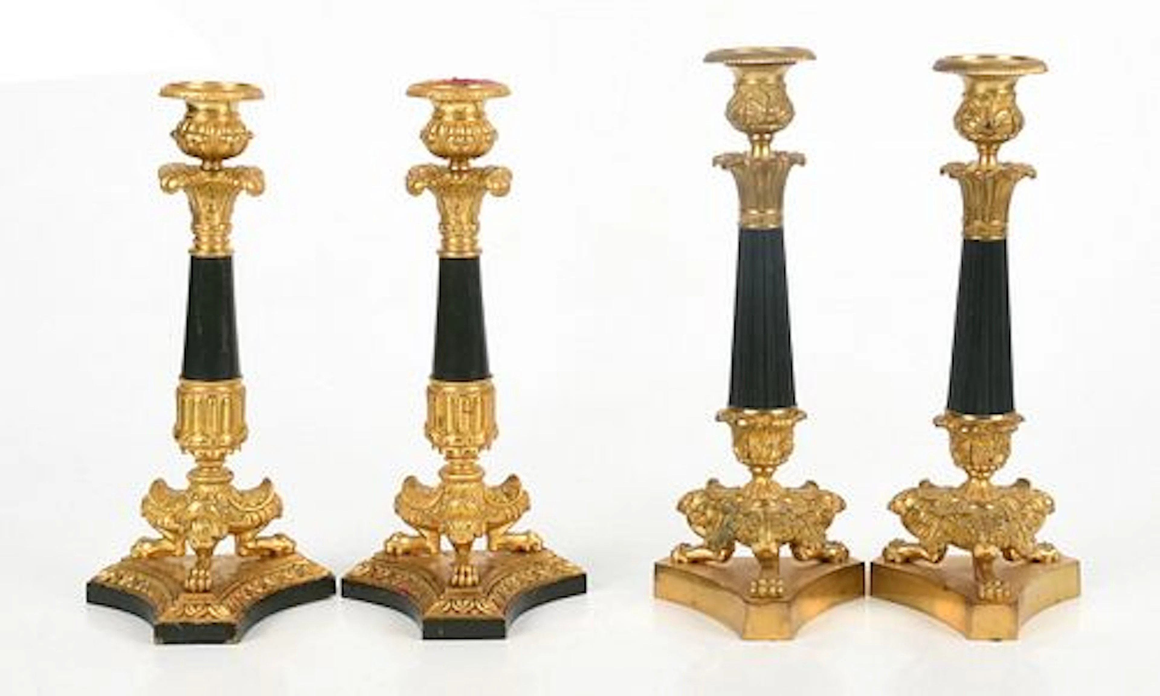 Two Pair of French Empire-Style Gilt and Patinated-Metal Candlesticks