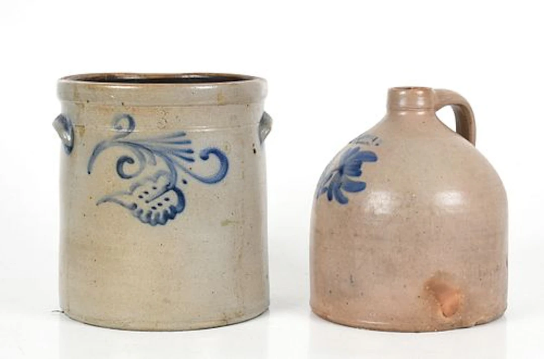 Two Pennsylvania Floral Cobalt-Decorated Stoneware Crocks, Third Quarter