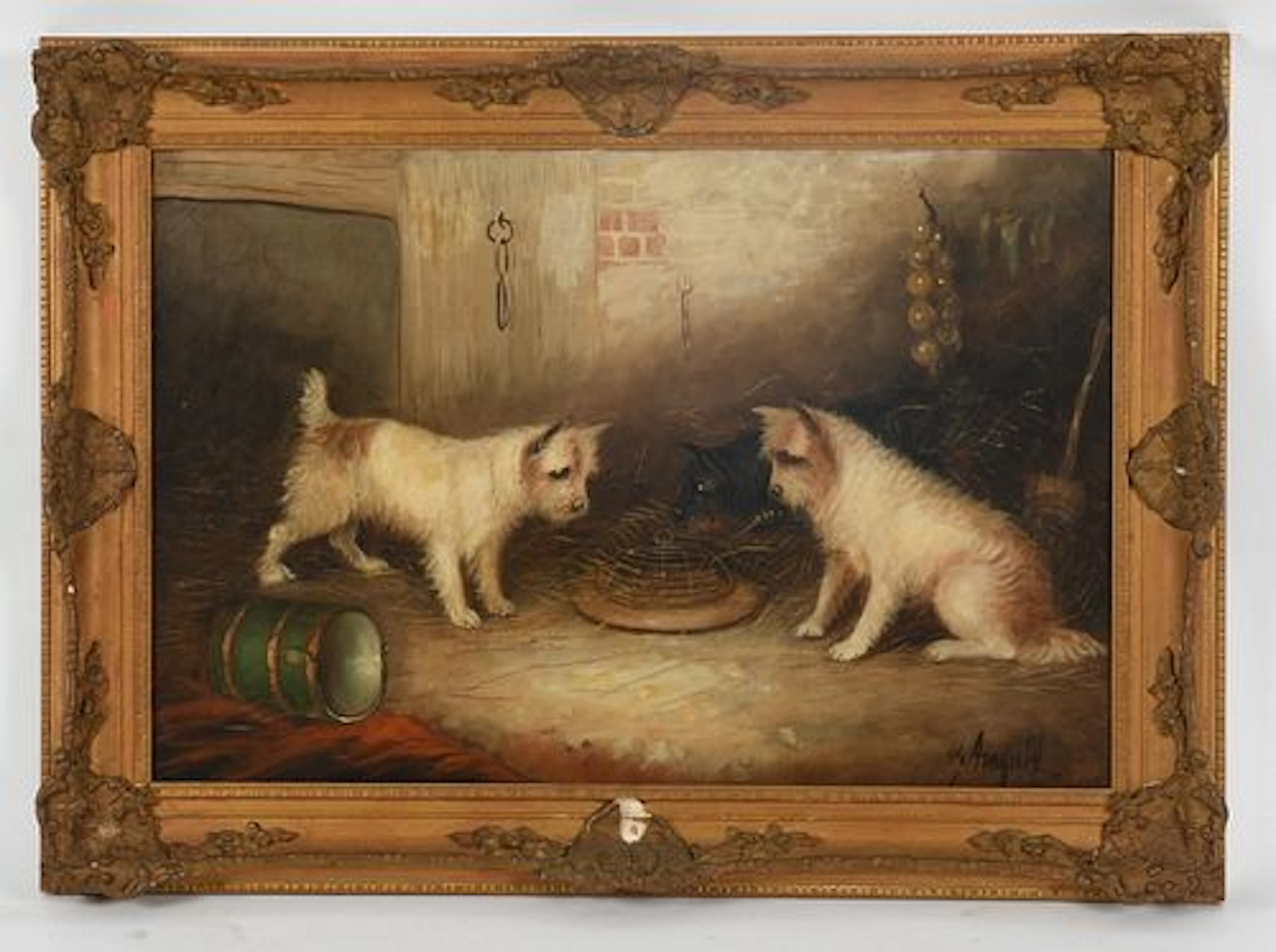 George Armfield (English, 1810-1893), Three Terriers in a Barn