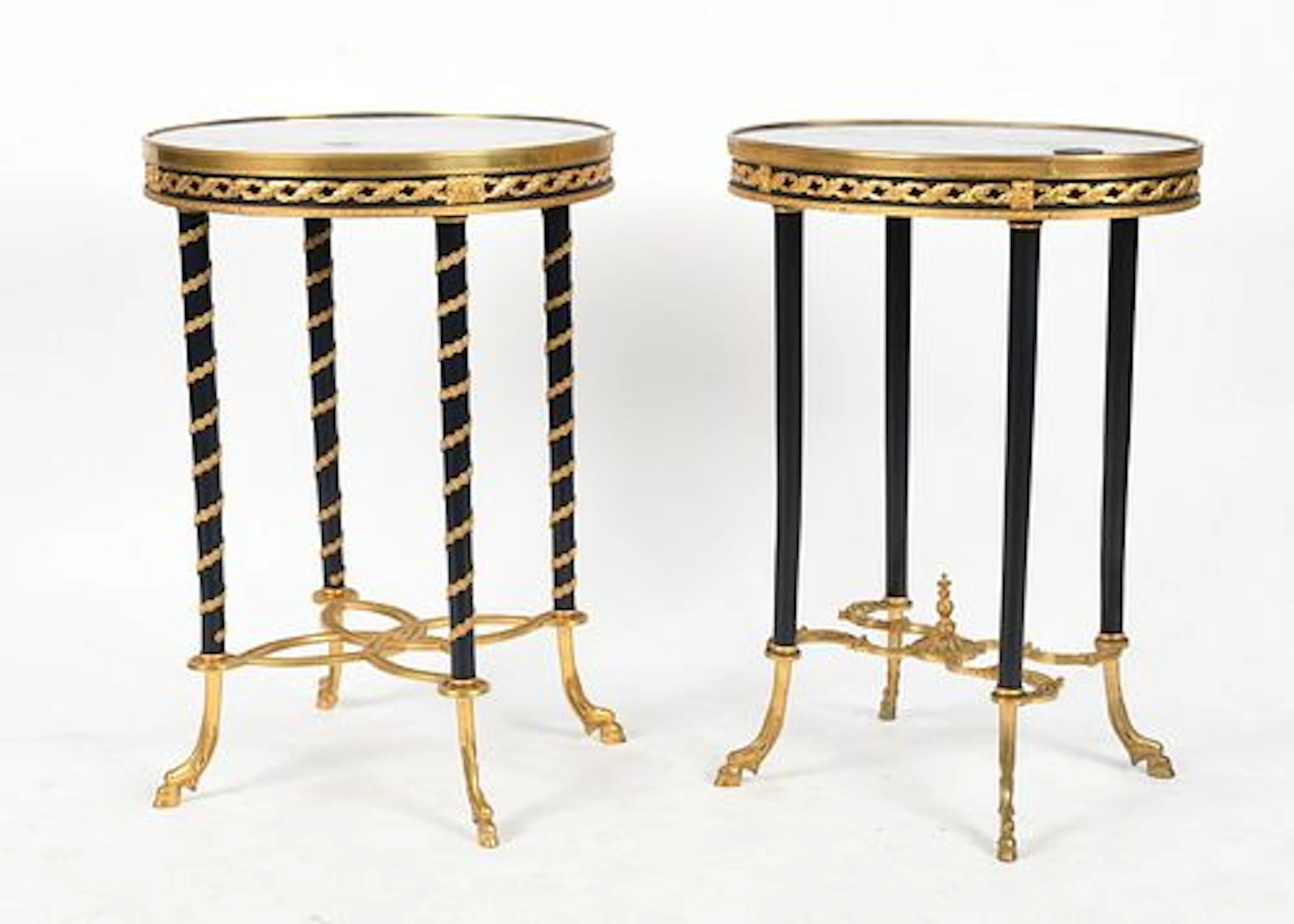 Two Similar French Gilt-Metal-Mounted, Blue-Painted and Marble-Top