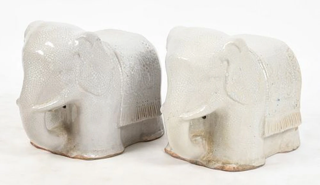 A Pair of Crackleware Elephant Garden Stools