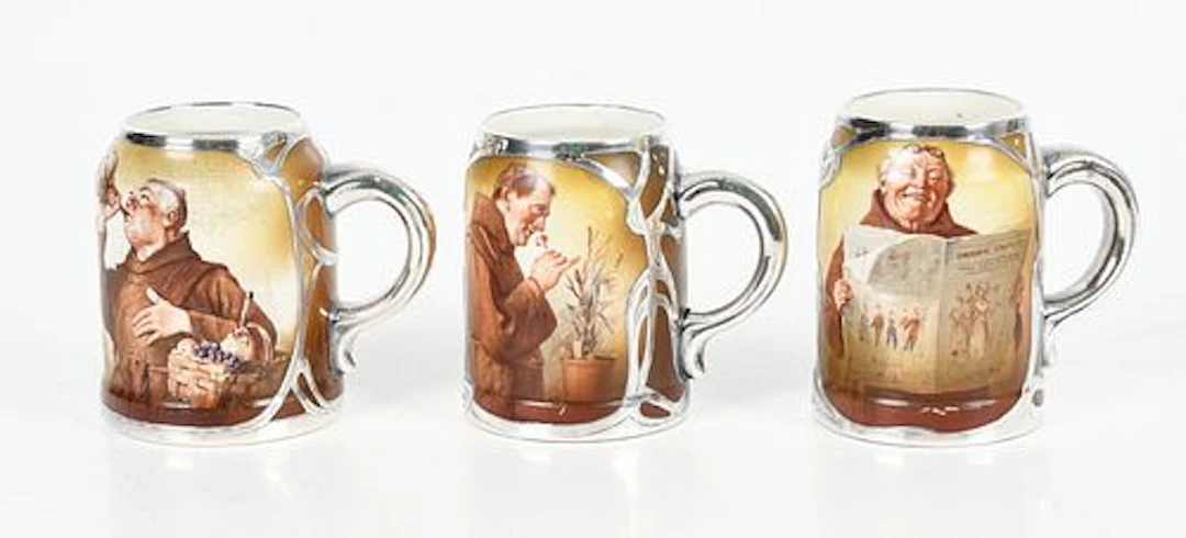 Columbian Art Pottery, Art Nouveau Period Silver Overlay Mugs