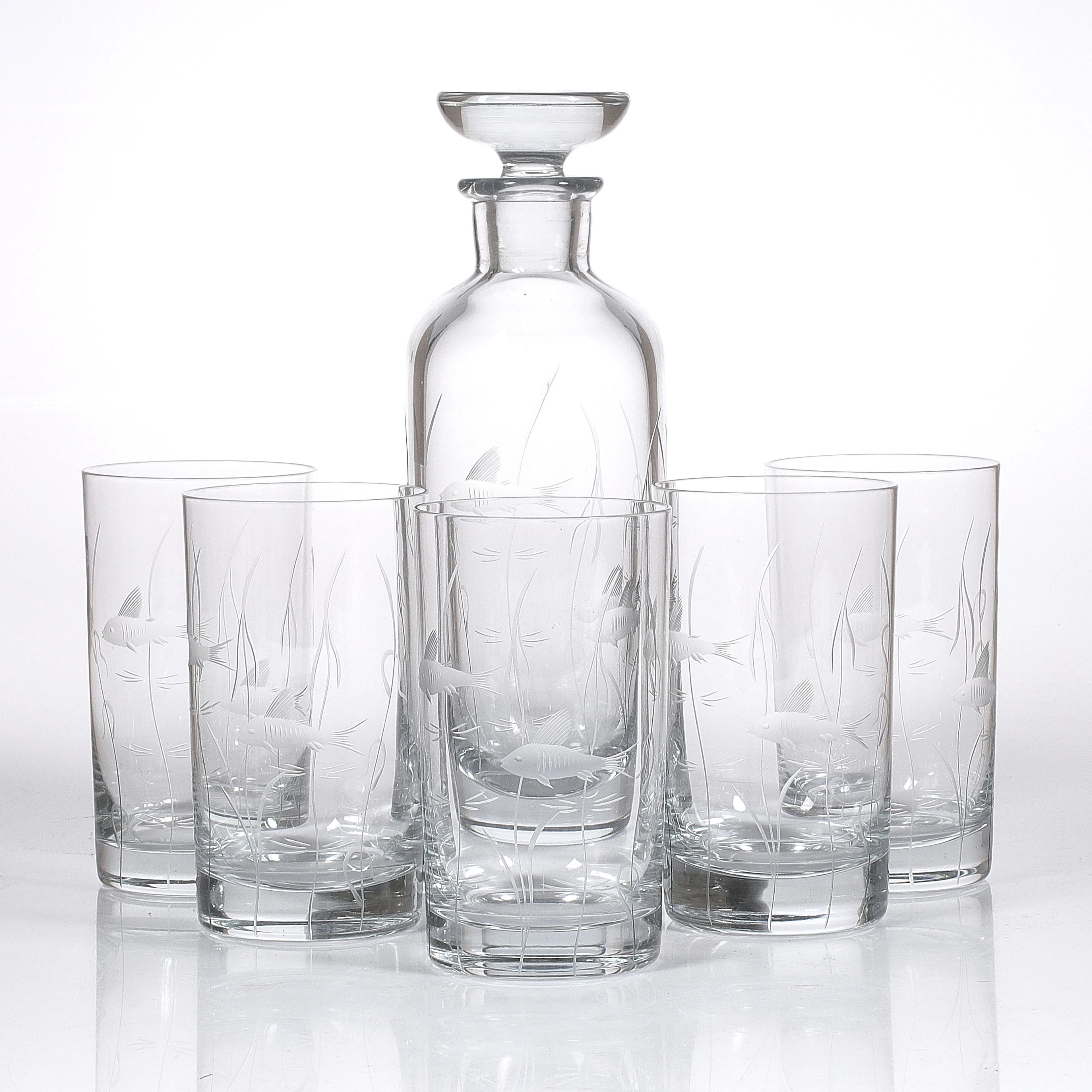 KARAFF, GLASS, 5 st, glas med slipad dekor, 1900-tal.