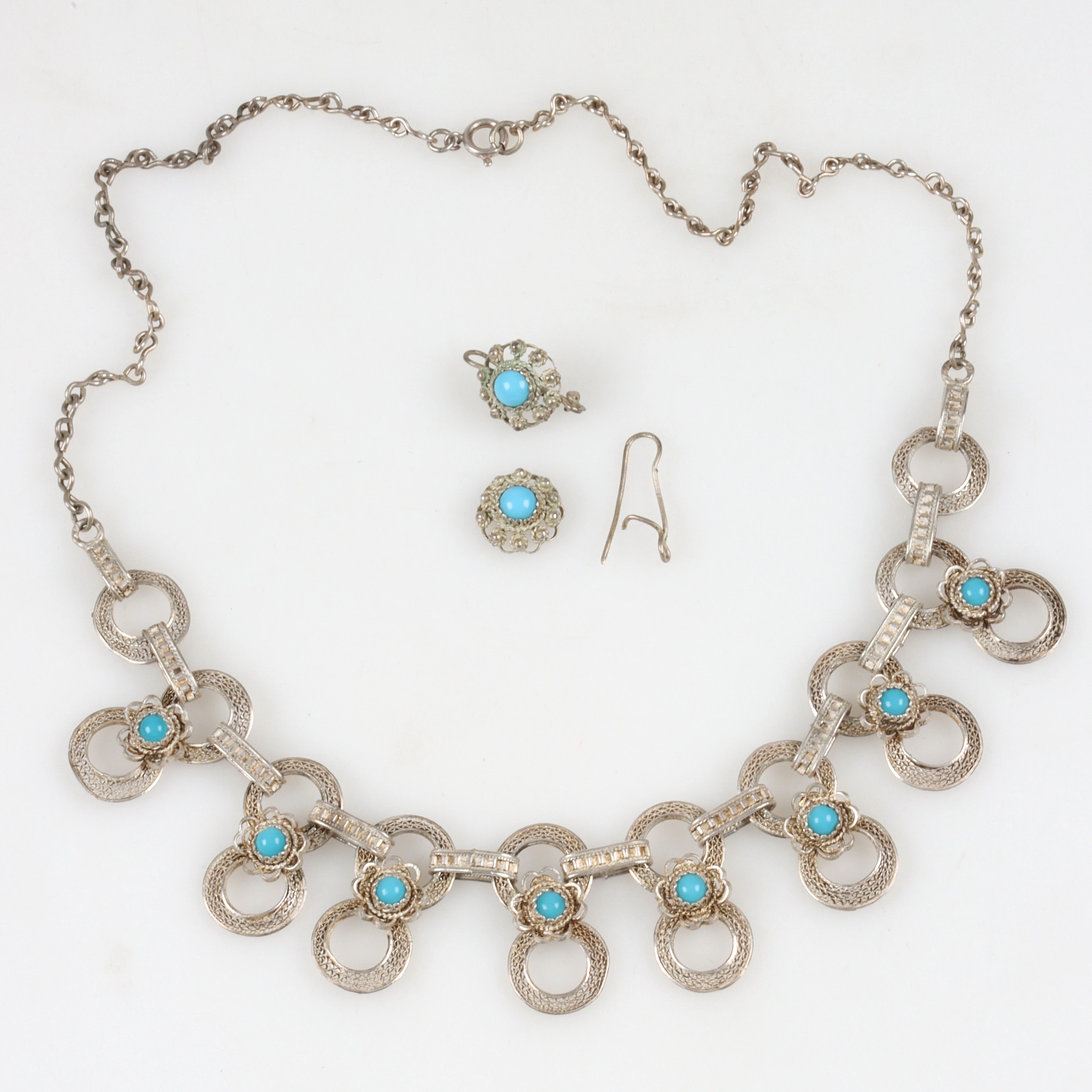 COLLIER, ÖRHÄNGEN, 2 st, sterlingsilver och turkoser, troligen Spanien