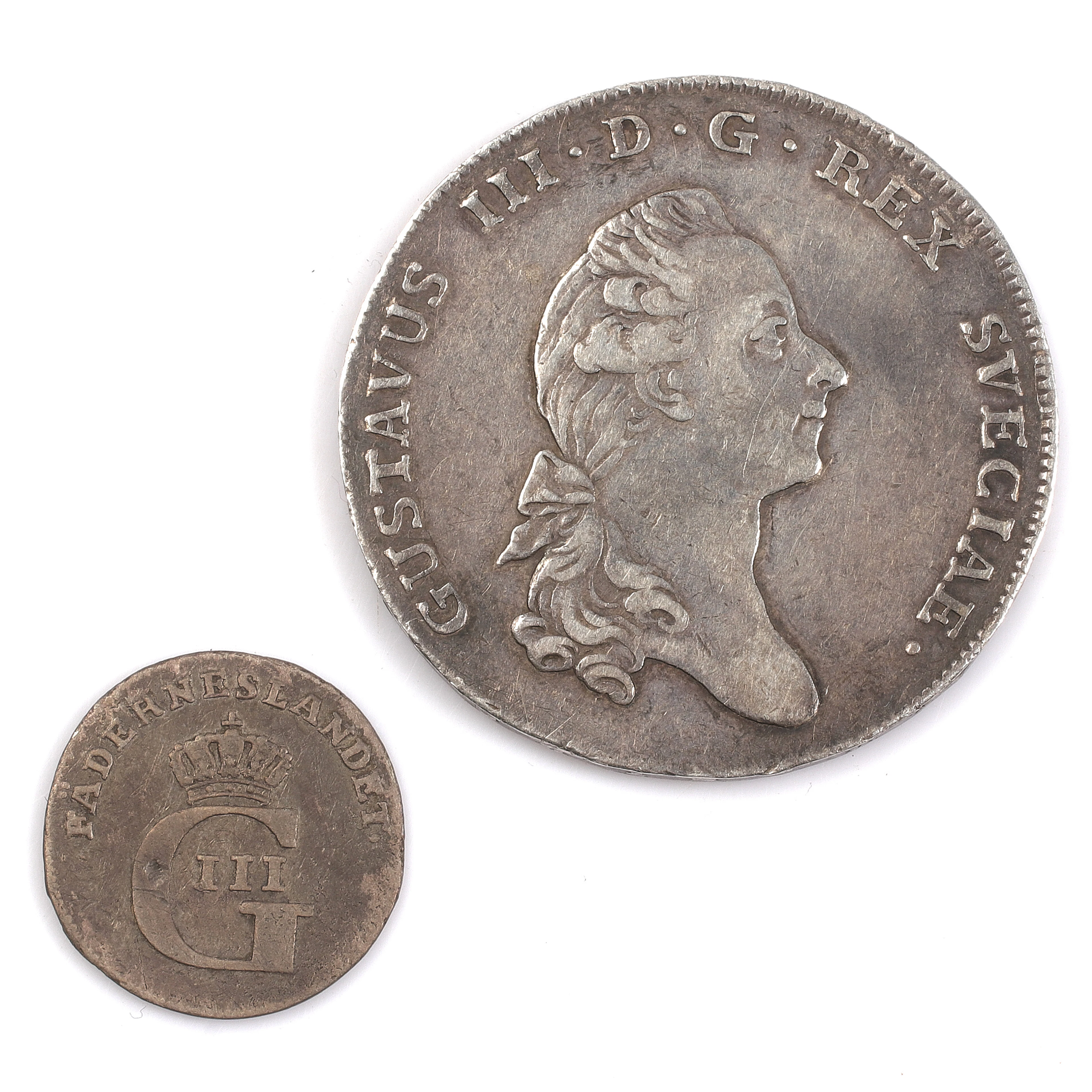 MYNT, silver, 2 st, bl.a. 1 Riksdaler/3 Daler SM, Gustav III, 1776.