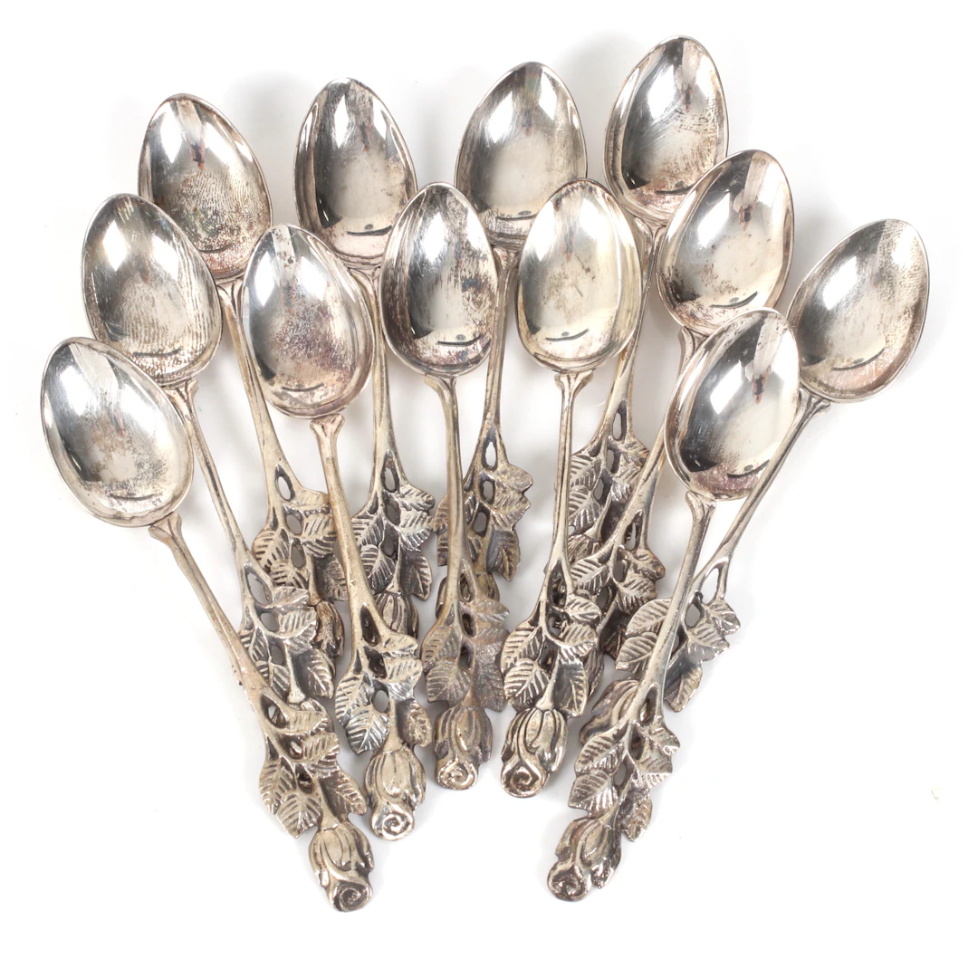 KAFFESKEDAR 12 st, silver, "Rosen", 1960-tal. 90 gram.