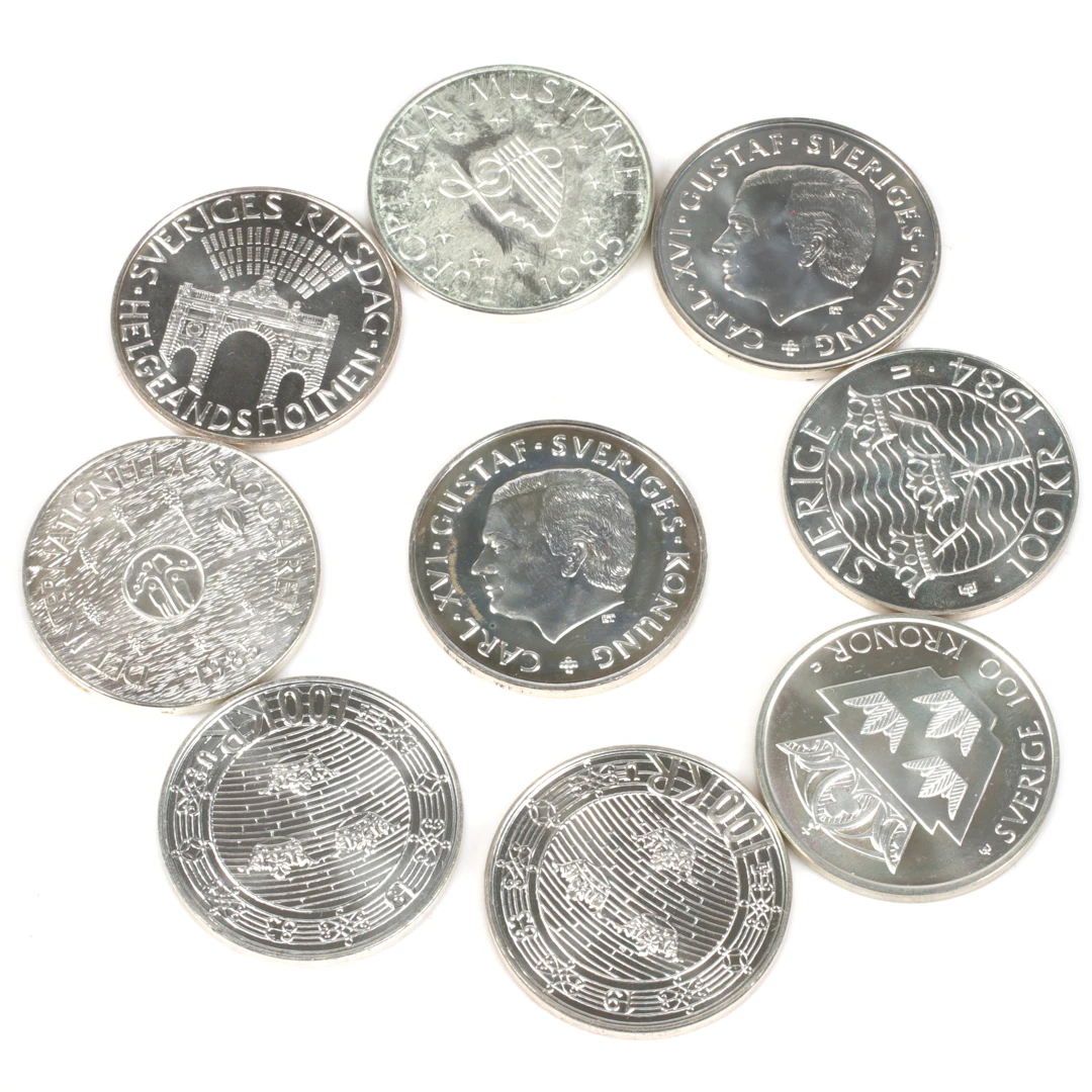 SILVERMYNT. 925/1000, 9 st, 100 Kronor, Sverige. 1983-1988.