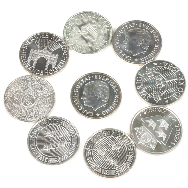 SILVERMYNT. 925/1000, 9 st, 100 Kronor, Sverige. 1983-1988.