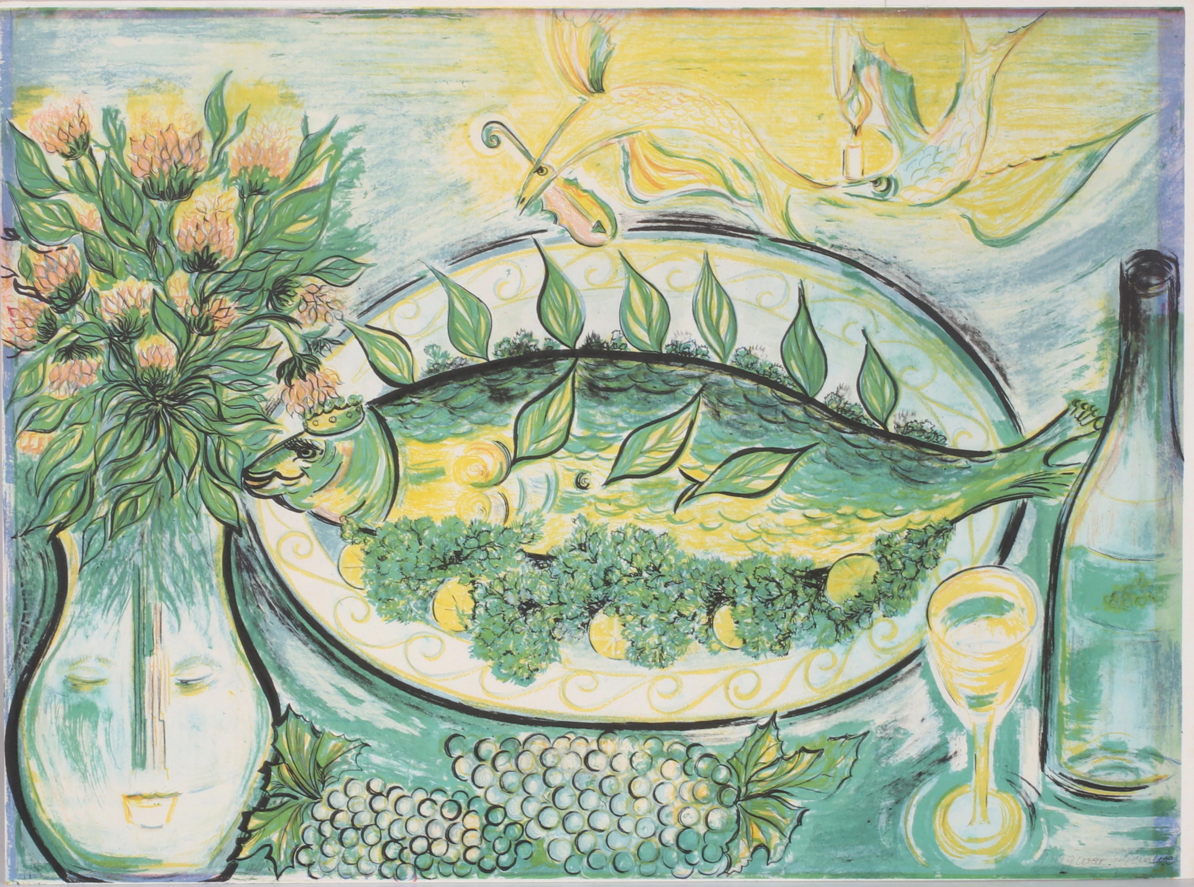 DAGMAR GLEMME. Stilleben med fisk, litografi, signerad och numrerad 131/150.