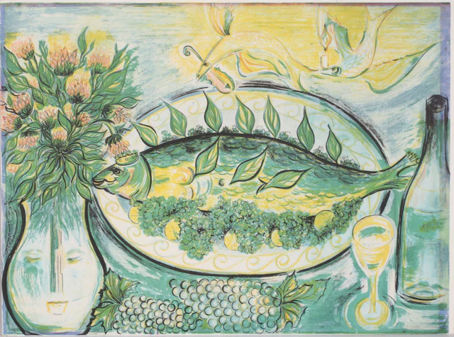 DAGMAR GLEMME. Stilleben med fisk, litografi, signerad och numrerad 131/150.